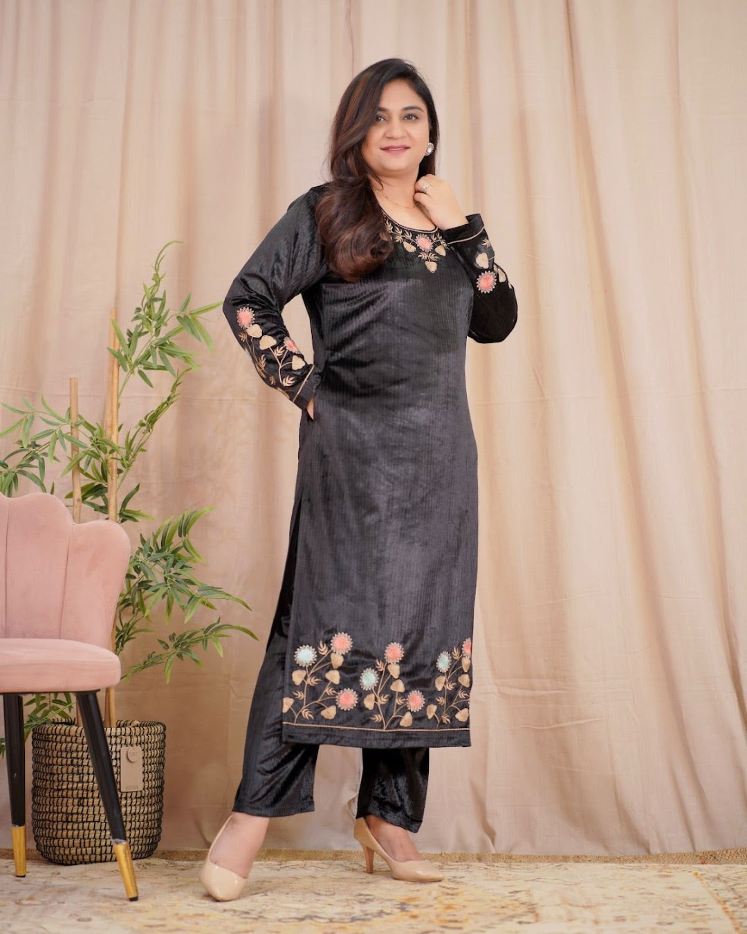 Embroidered velvet Pant Set with Pocket - The Jaipur Studio