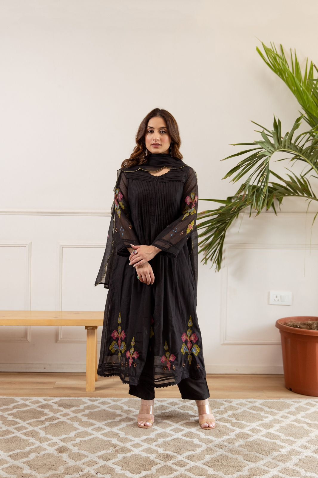 Zina Black Net Chanderi Embroidered Anarkali Set - The Jaipur Studio