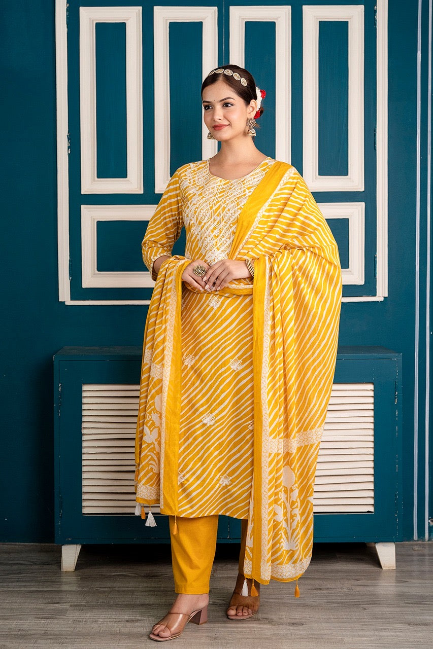 Premium Cotton Leheriya Embroidered Pant Set - The Jaipur Studio