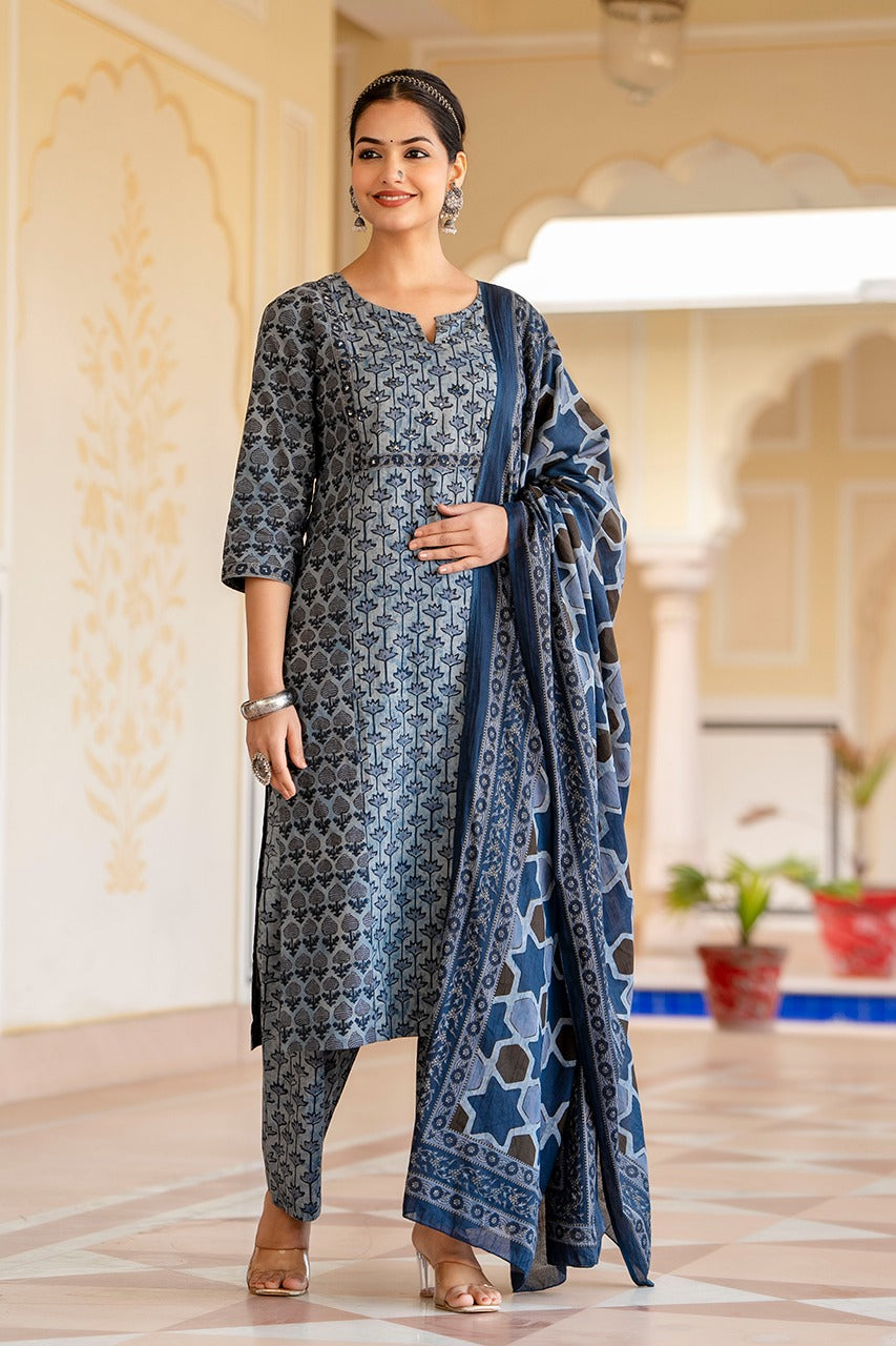 Anamika Cotton Ajrakh print Straight pant Set - The Jaipur Studio