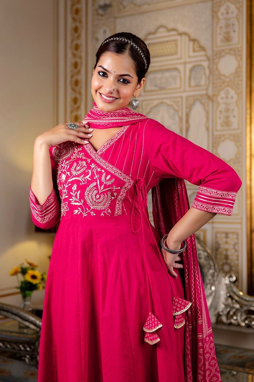 Cotton Angrakha Embroidered Festive Anarkali Set - The Jaipur Studio