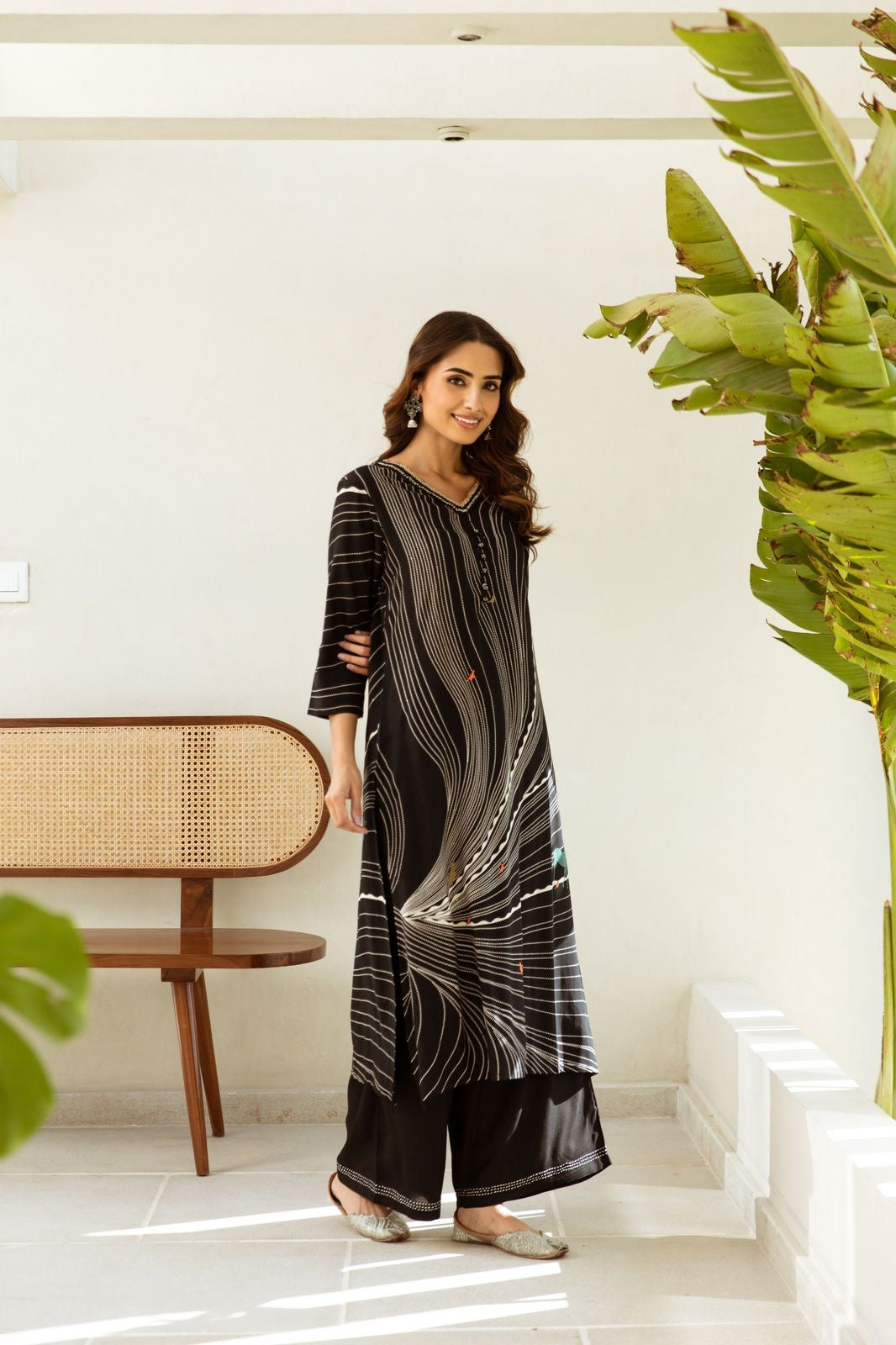 Meerza Black Rayon Hand Embroidered Plazo Set - The Jaipur Studio