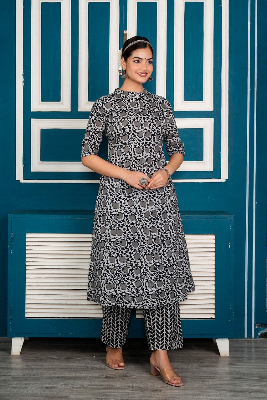 Grey Cotton Floral A-line Coord Set - The Jaipur Studio