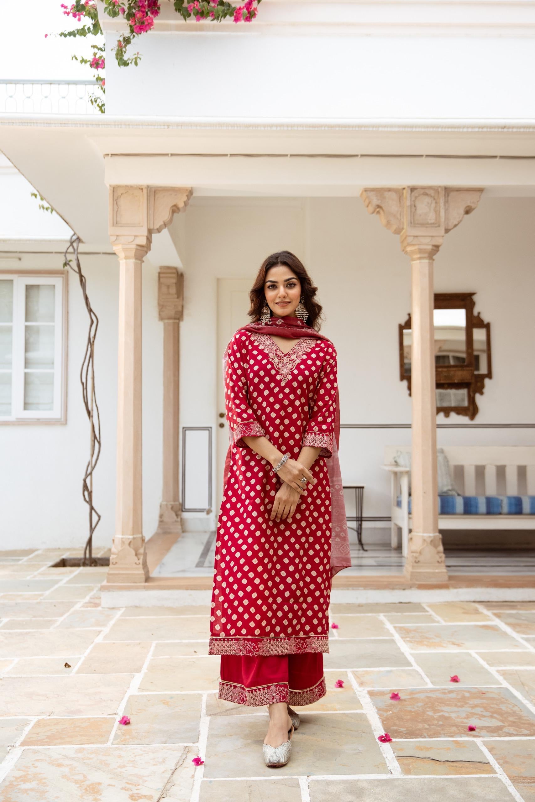Miraya Muslin Bandhani embroidered Pant Set - The Jaipur Studio