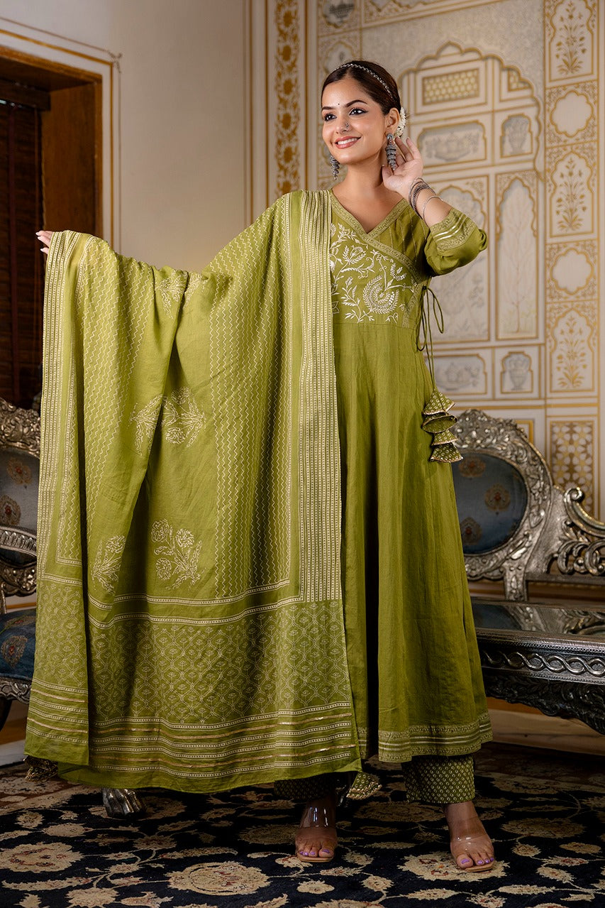 Cotton Angrakha Embroidered Festive Anarkali Set - The Jaipur Studio