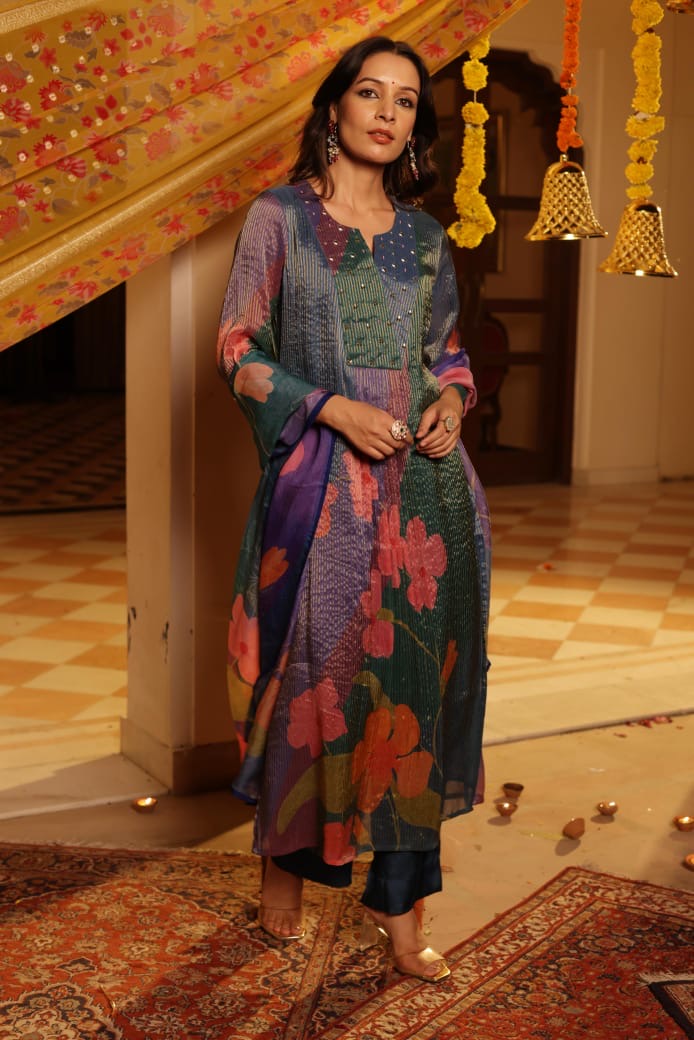 Shimmer Tissue Floral Pant Set - The Jaipur Studio