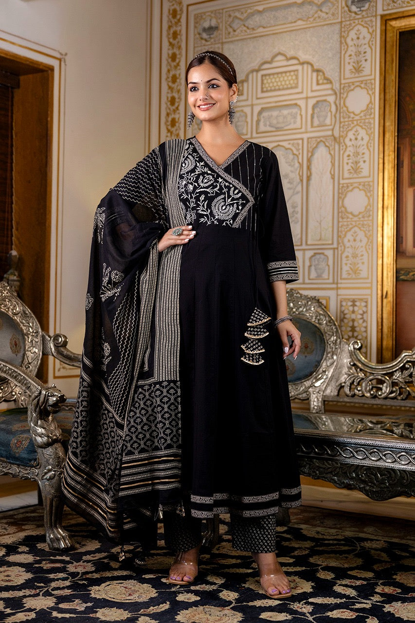 Cotton Angrakha Embroidered Festive Anarkali Set - The Jaipur Studio