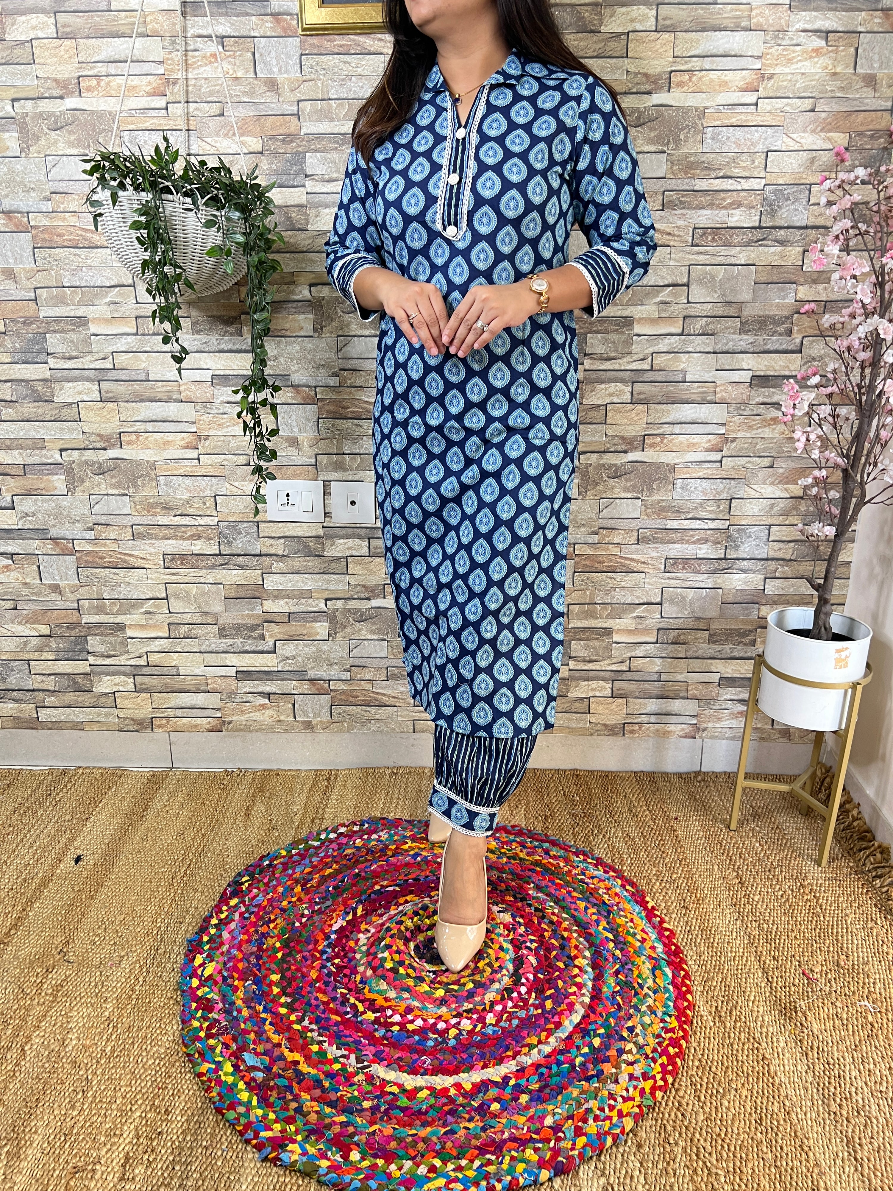 Indigo Cotton Afgani Set With Pockets - The Jaipur Studio