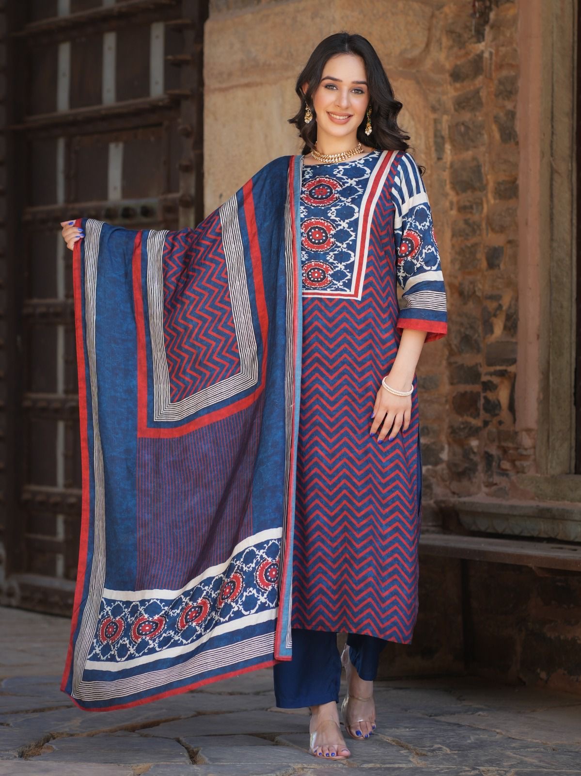 Muslin Batik Print Strips Embrodiered Pant Set - The Jaipur Studio