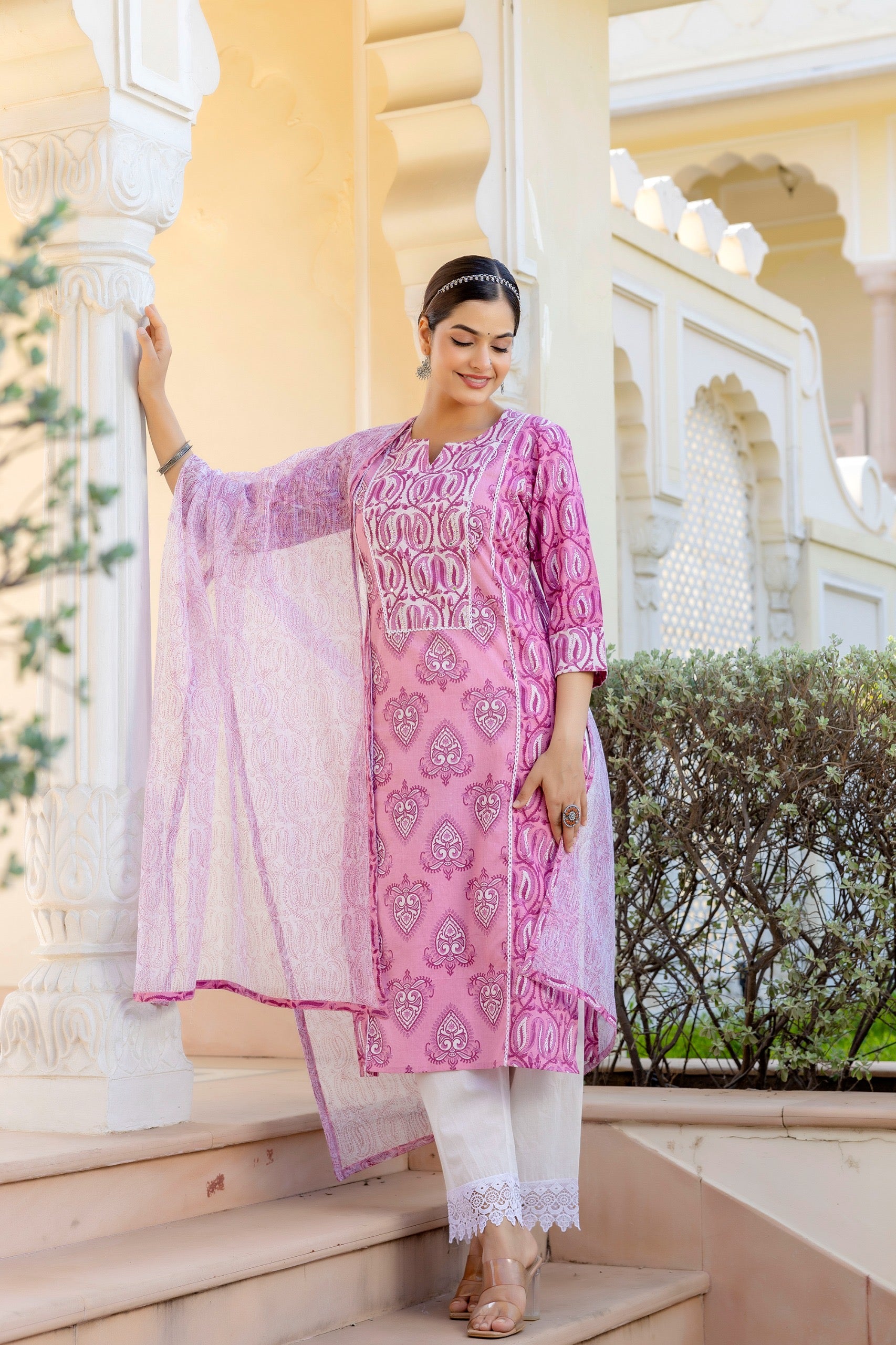 Mashia Cotton Pakistani Suit with Lace Detailing - The Jaipur Studio