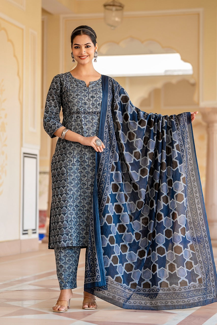 Anamika Cotton Ajrakh print Straight pant Set - The Jaipur Studio