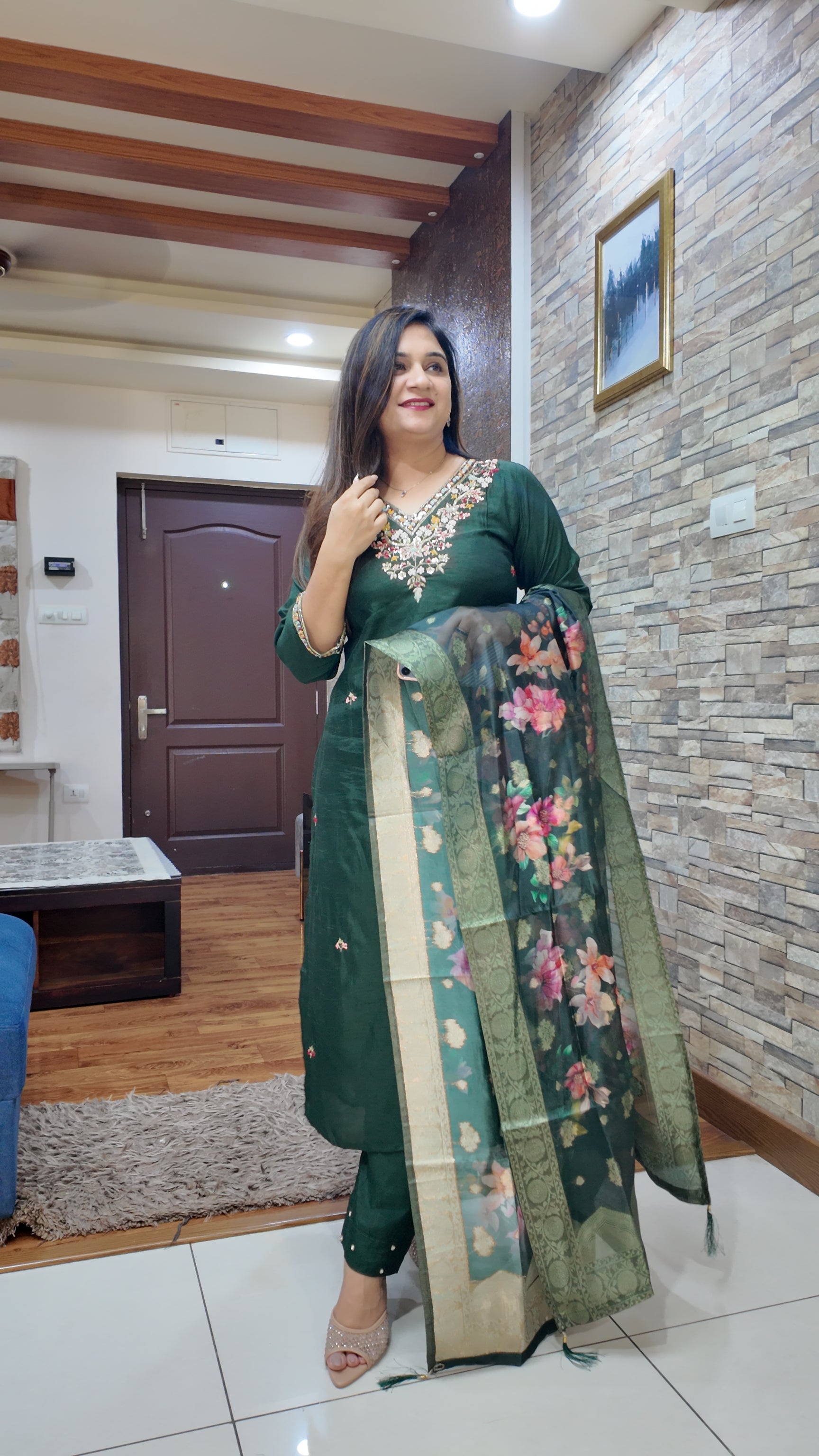 Green Silk Hand embroidered Pant Set - The Jaipur Studio