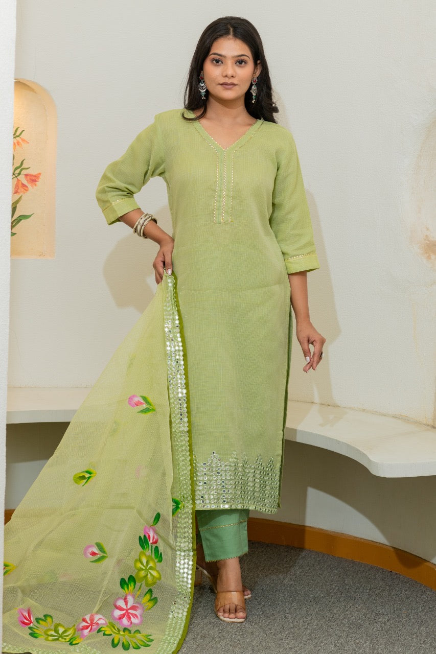 Kota Doria HandPainted Embroidered Pant Set - The Jaipur Studio