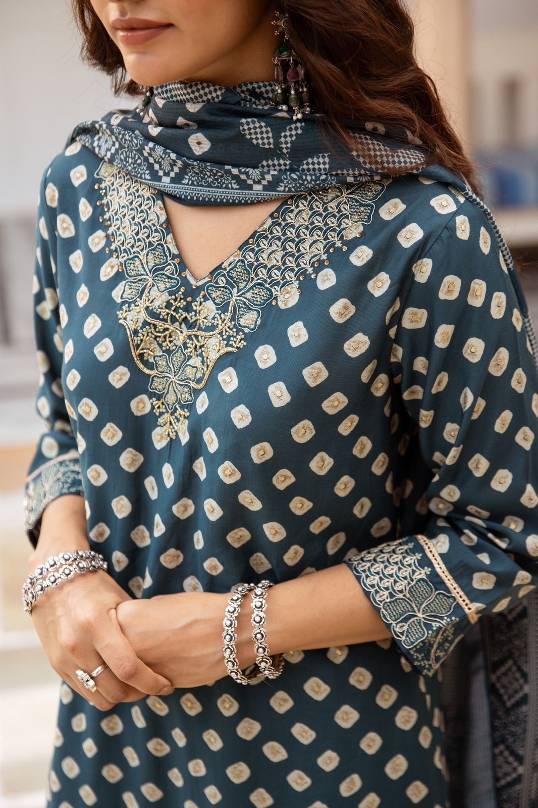 Miraya Muslin Bandhani embroidered Pant Set - The Jaipur Studio
