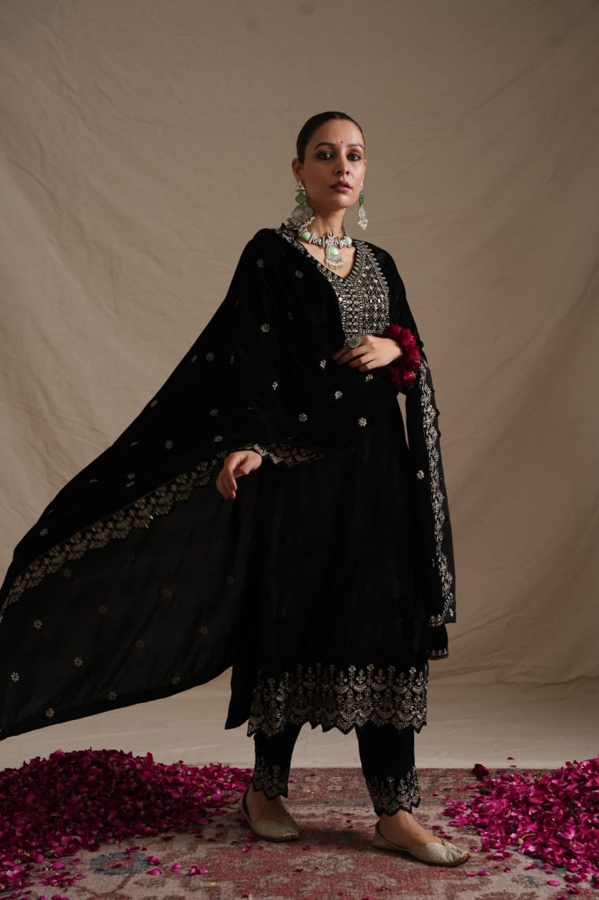 ’Makhmul’ Velvet Embroidered Pant Set - The Jaipur Studio