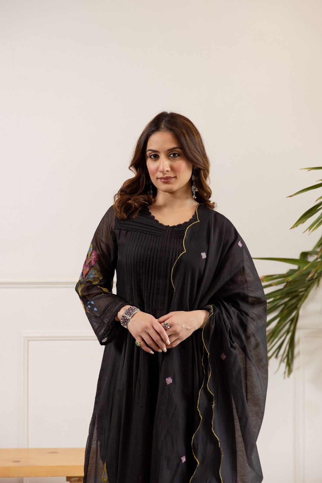 Zina Black Net Chanderi Embroidered Anarkali Set - The Jaipur Studio