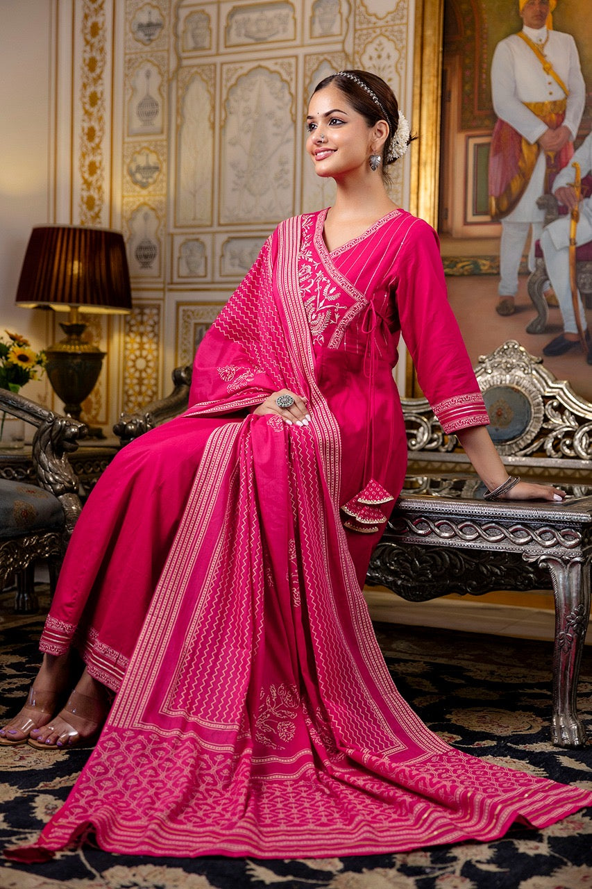 Cotton Angrakha Embroidered Festive Anarkali Set - The Jaipur Studio