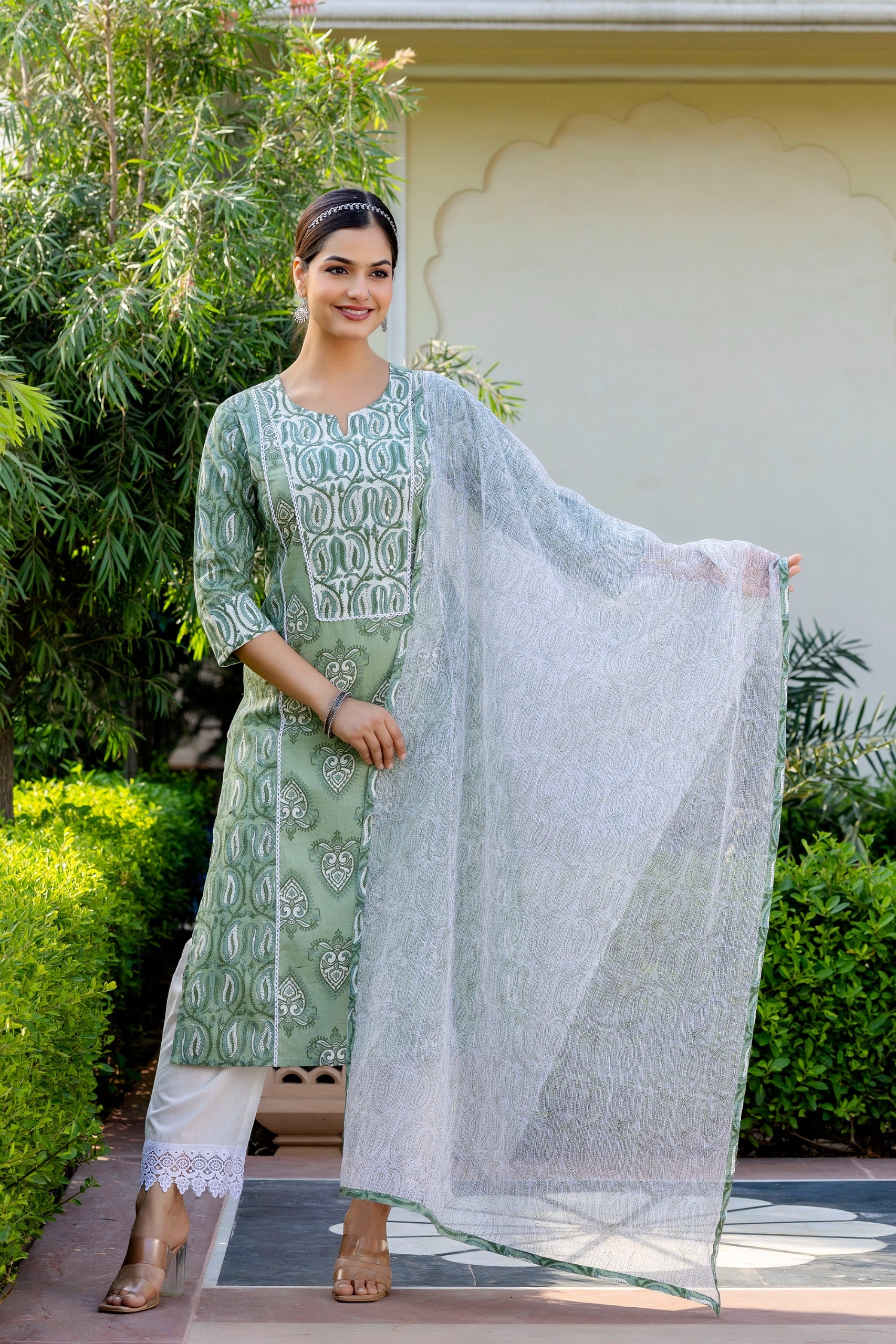Mashia Cotton Pakistani Suit with Lace Detailing - The Jaipur Studio