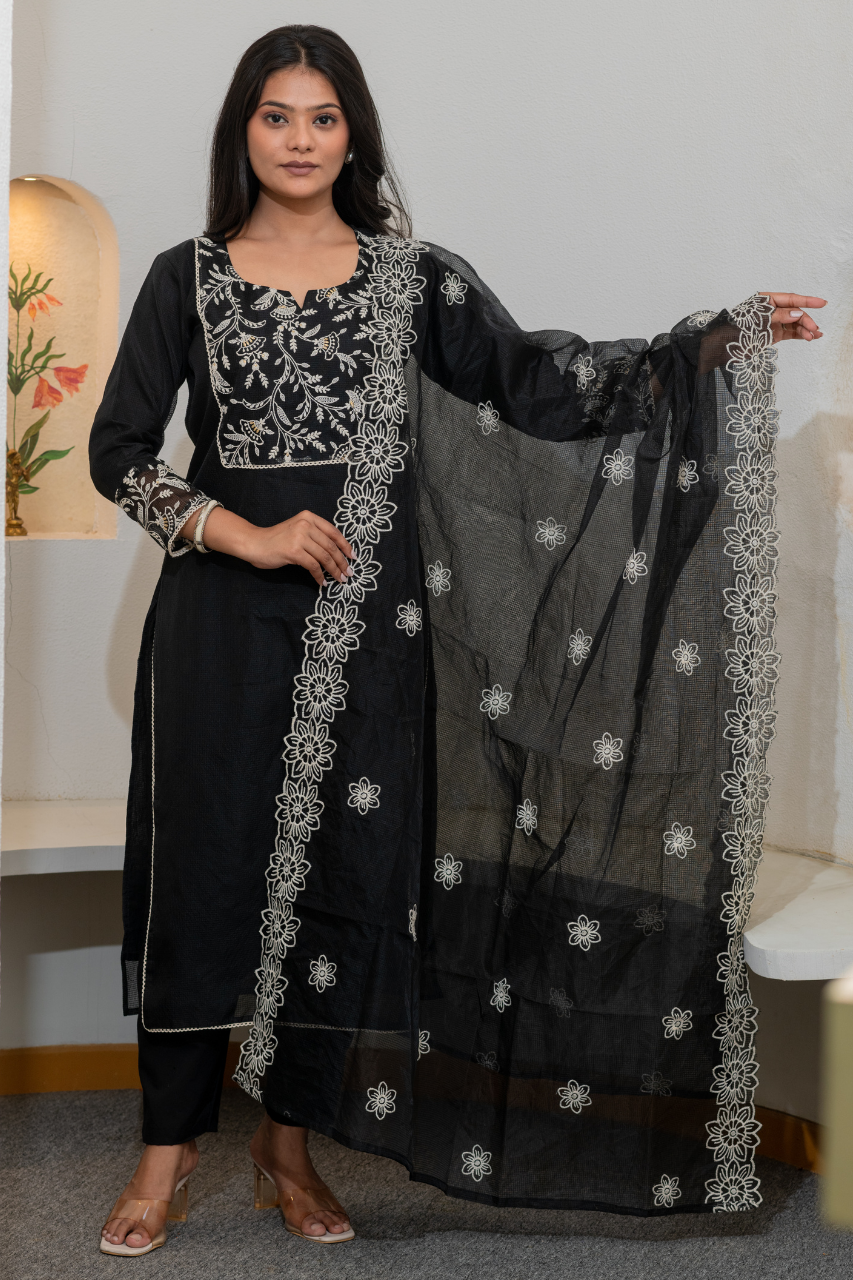'Kajal' Kota Doria Embroidered Pant Set - The Jaipur Studio