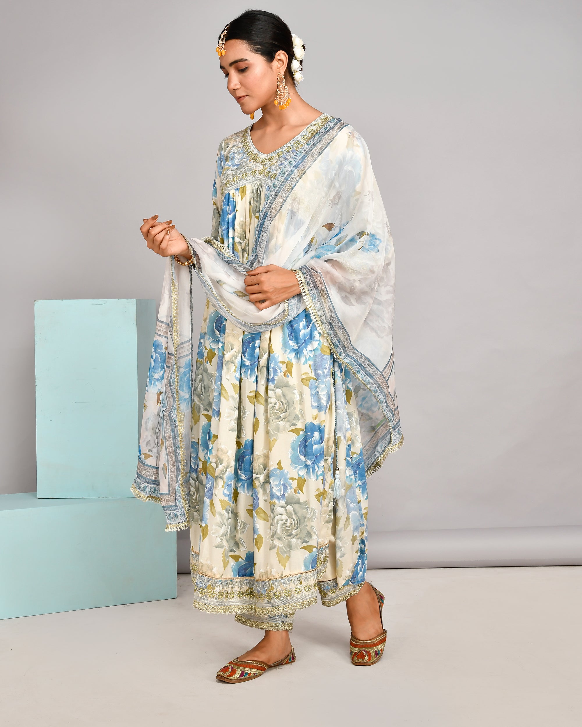 Jashn Special Muslin Floral Alia Style Pant Set with Potli - The Jaipur Studio