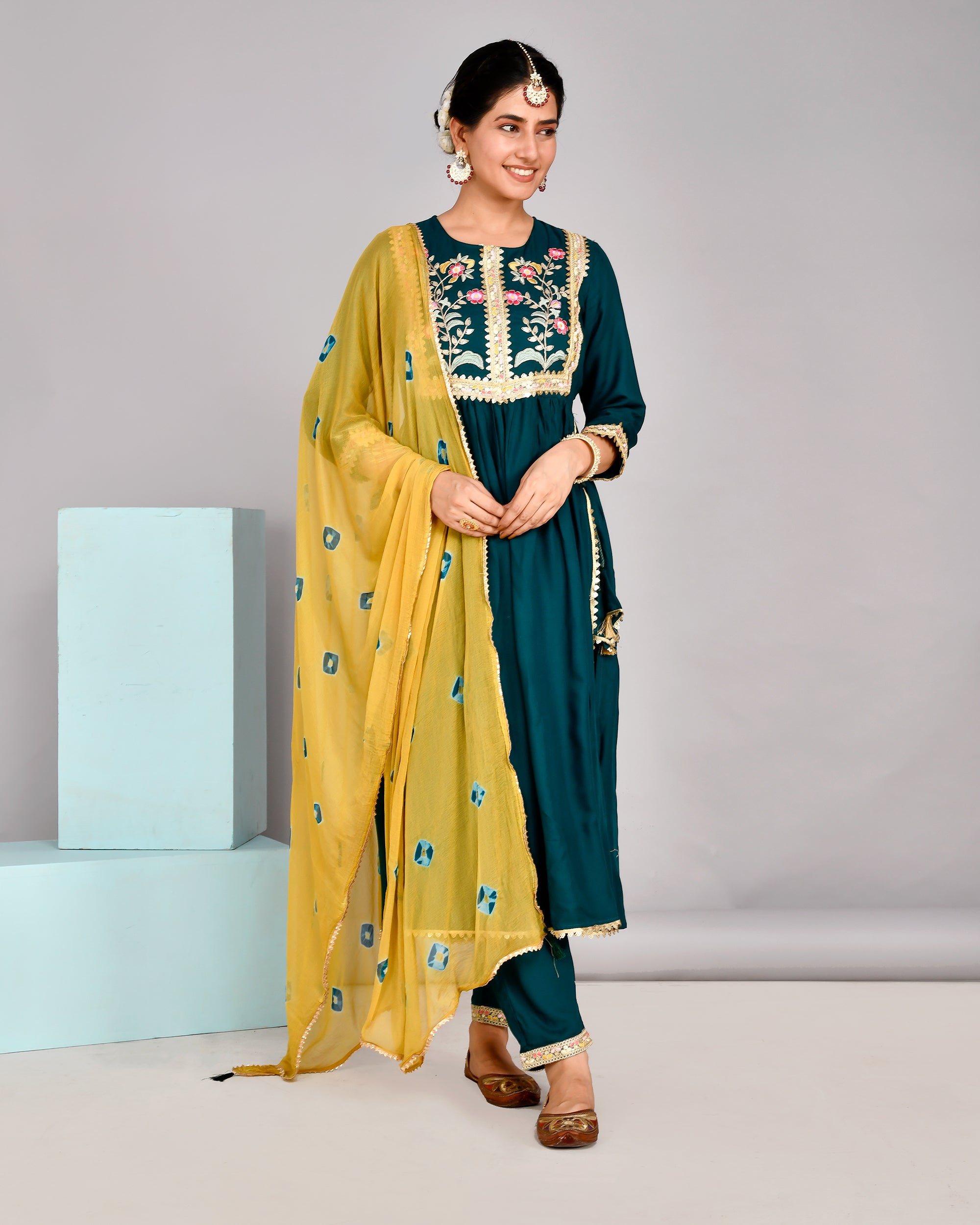 Rayon Embroidered Pant Set with Tie&Dye Chiffon Dupatta - The Jaipur Studio