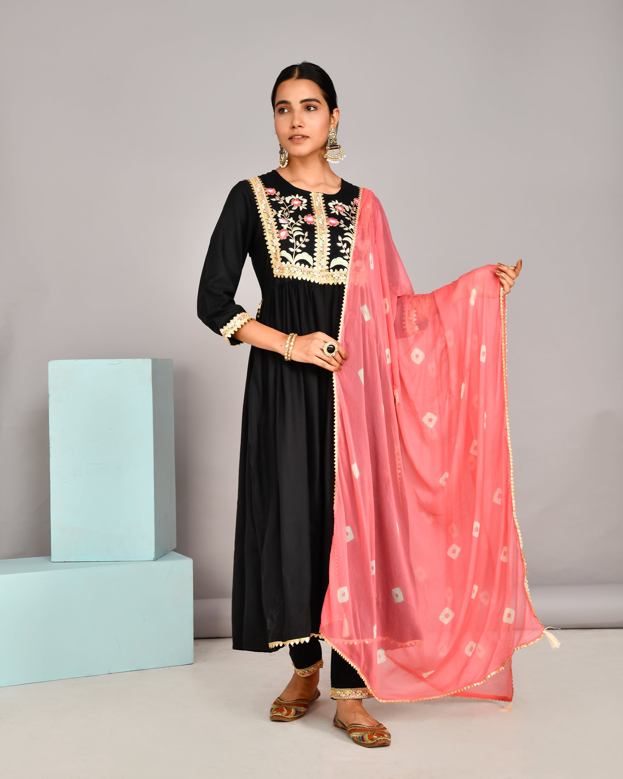 Rayon Embroidered Pant Set with Tie&Dye Chiffon Dupatta - The Jaipur Studio
