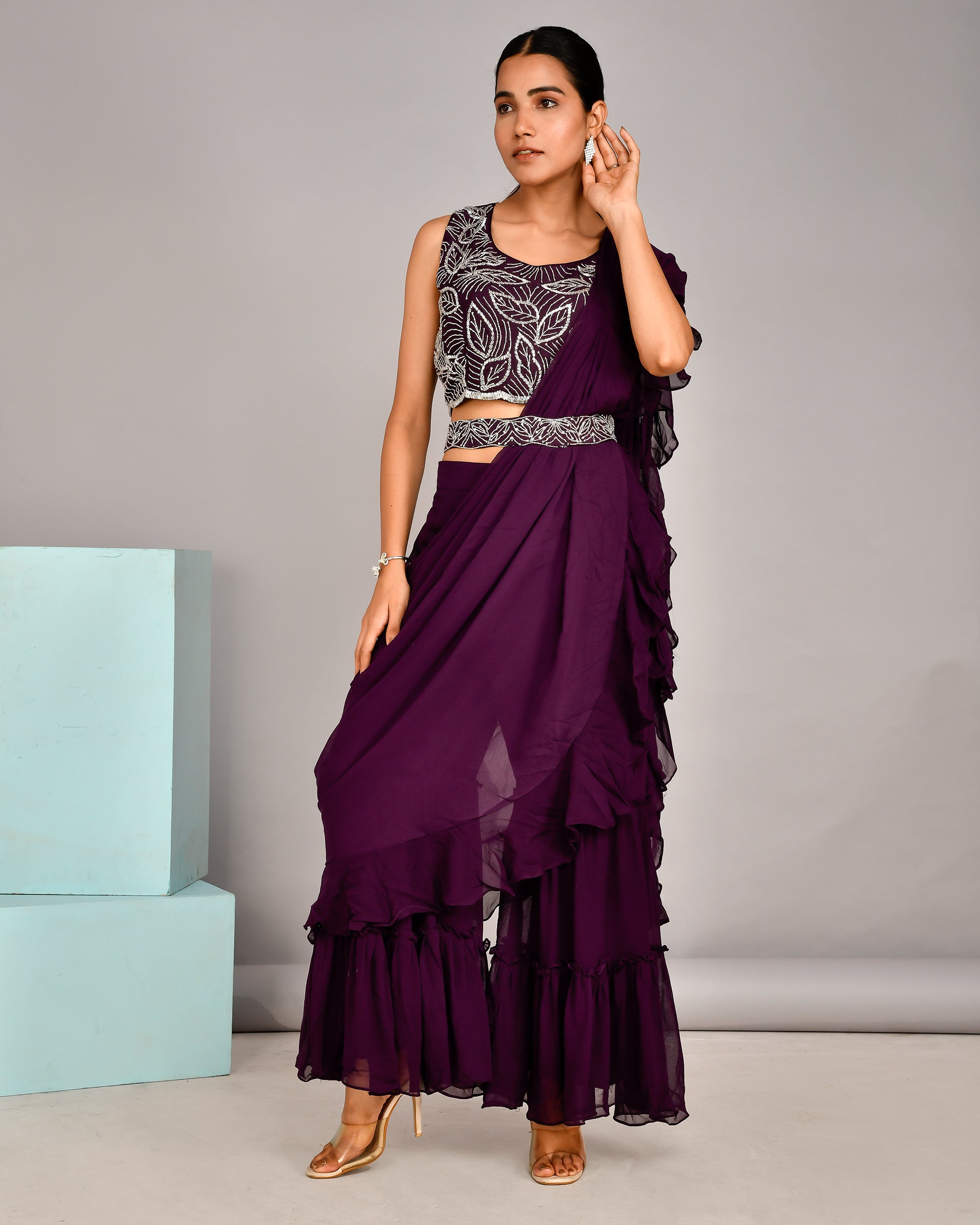 Hand Embroidered blouse with Georgette sharara and attached drape - The Jaipur Studio
