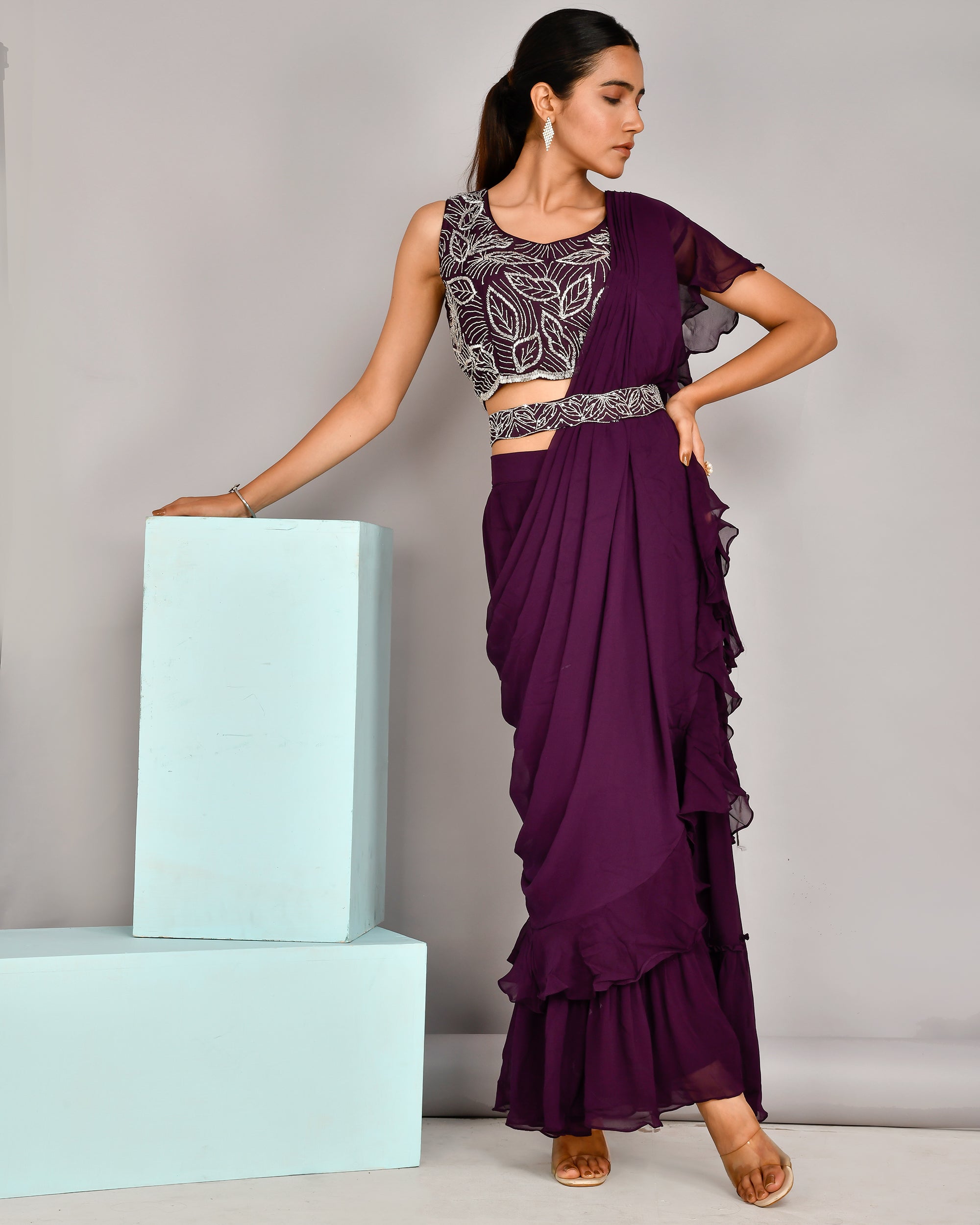 Hand Embroidered blouse with Georgette sharara and attached drape - The Jaipur Studio