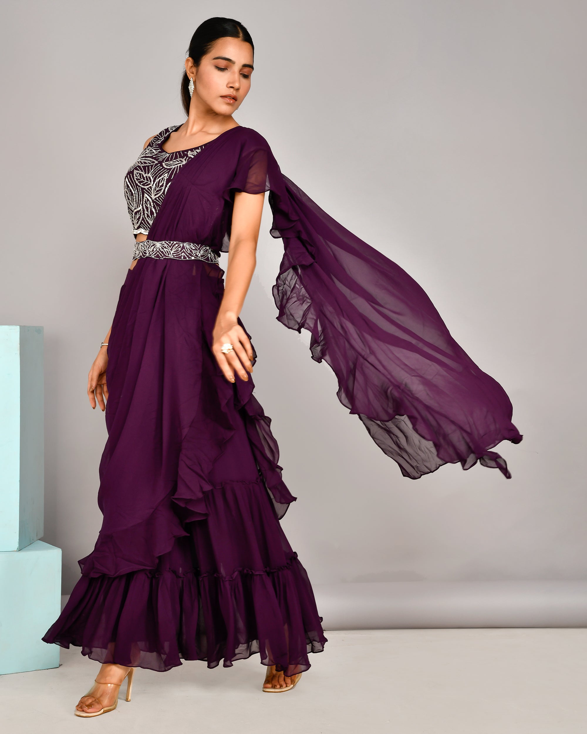 Hand Embroidered blouse with Georgette sharara and attached drape - The Jaipur Studio