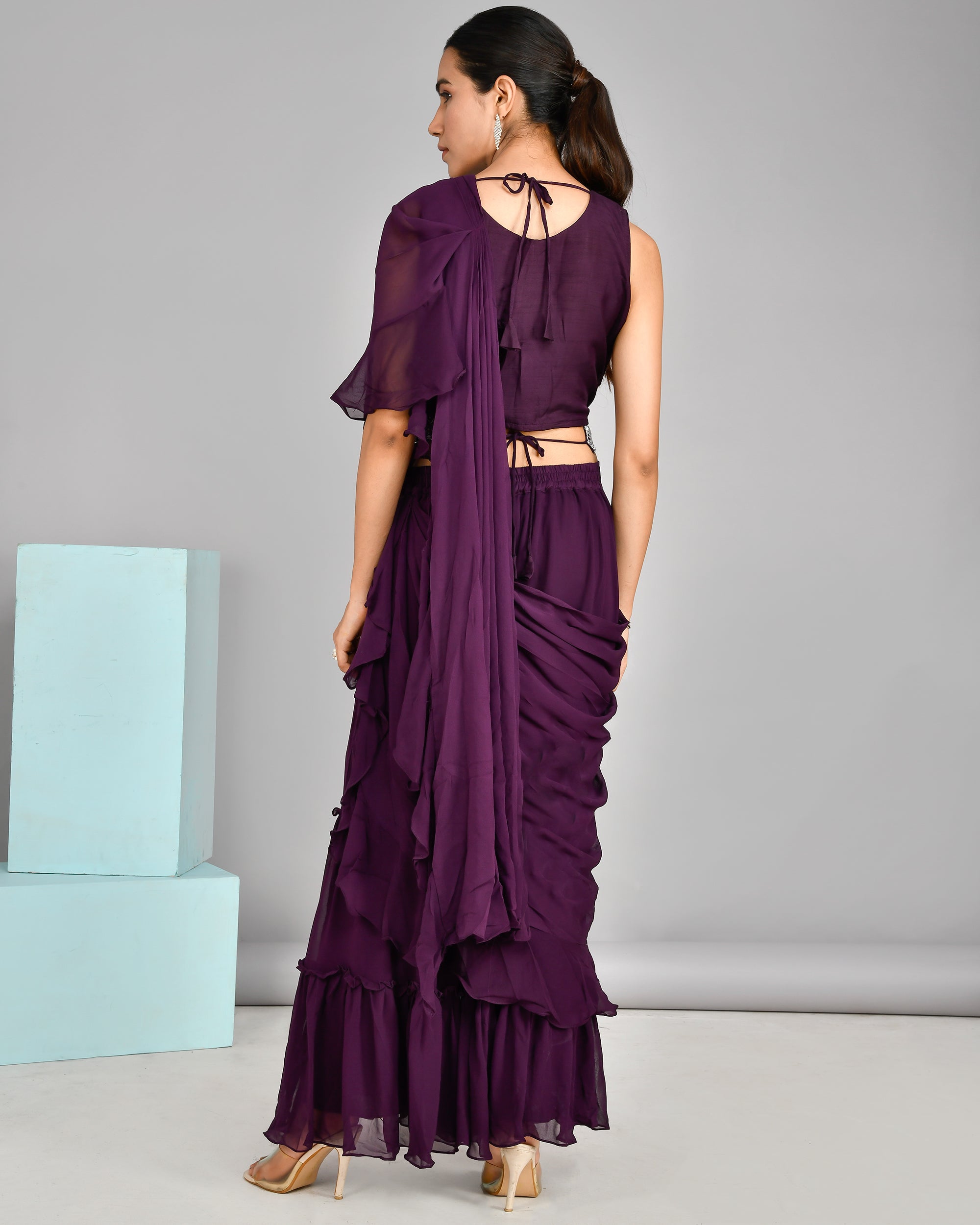 Hand Embroidered blouse with Georgette sharara and attached drape - The Jaipur Studio