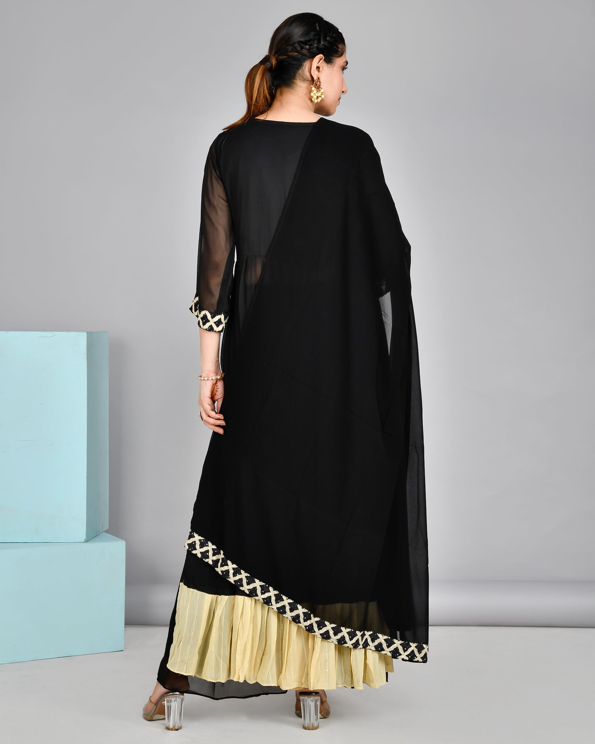 Black and Beige Georgette Nyra Set - The Jaipur Studio
