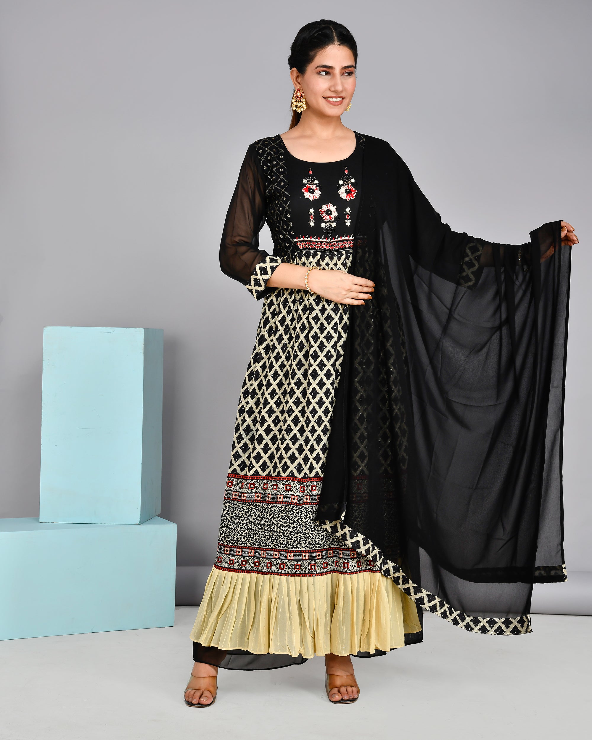 Black and Beige Georgette Nyra Set - The Jaipur Studio