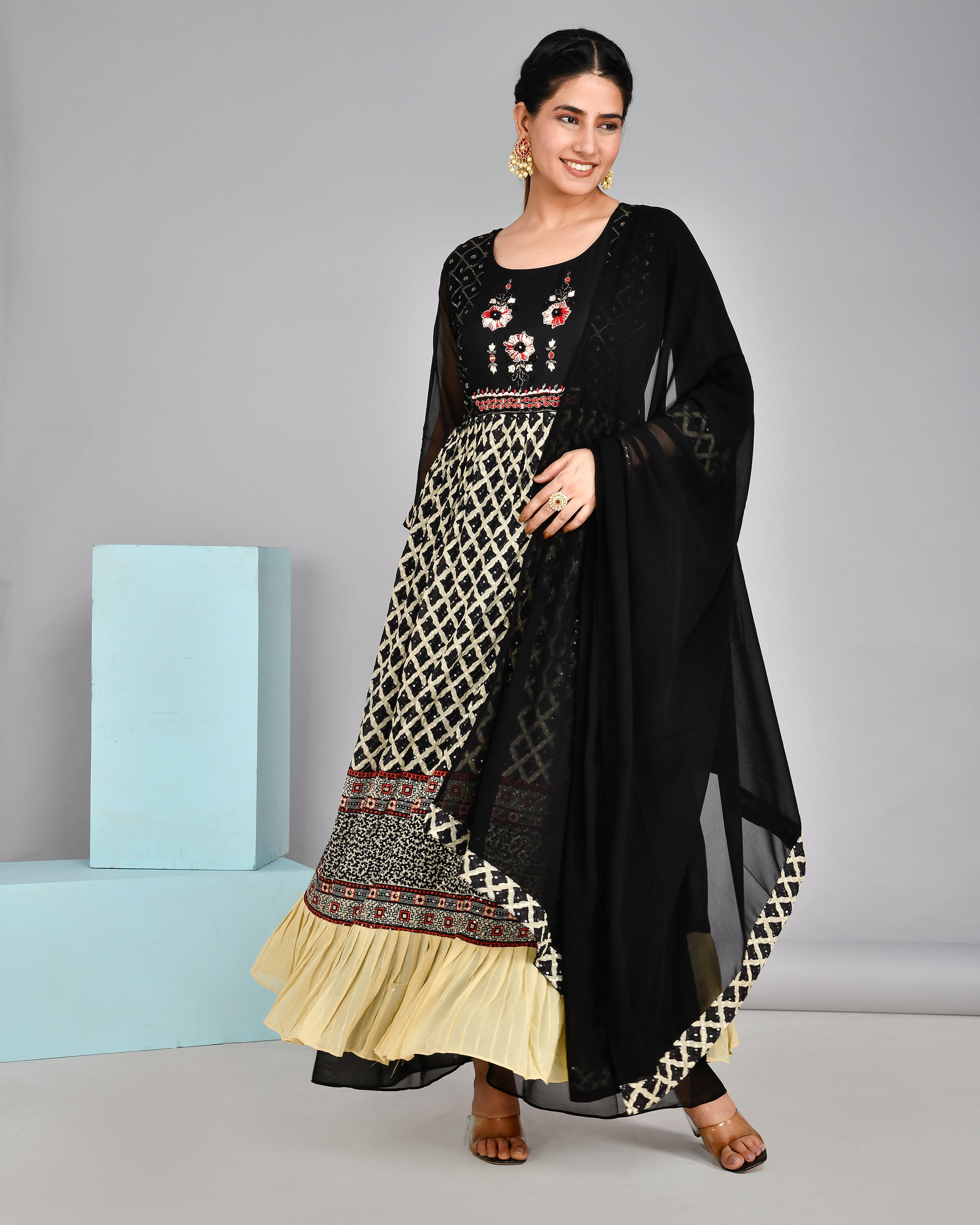 Black and Beige Georgette Nyra Set - The Jaipur Studio