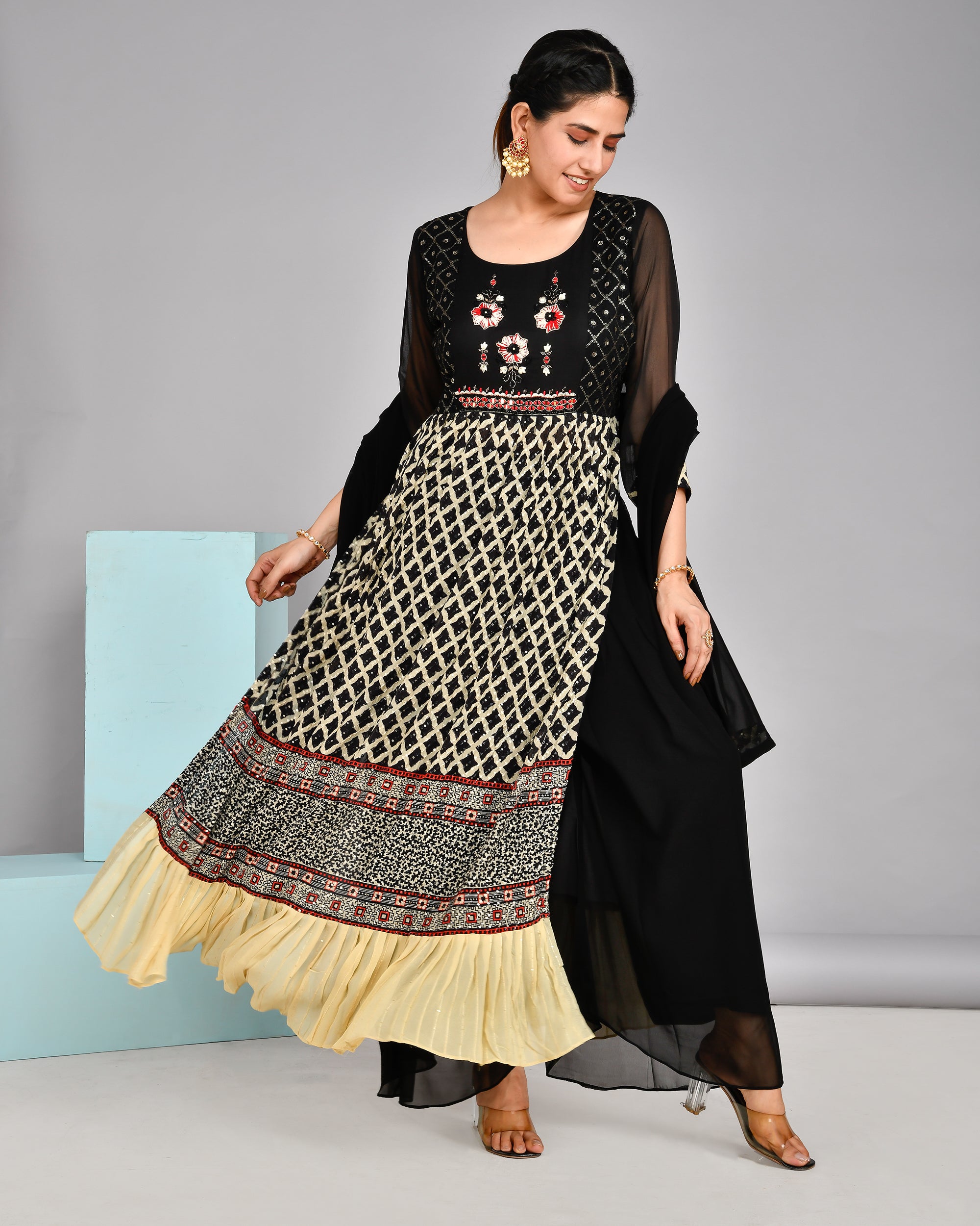 Black and Beige Georgette Nyra Set - The Jaipur Studio