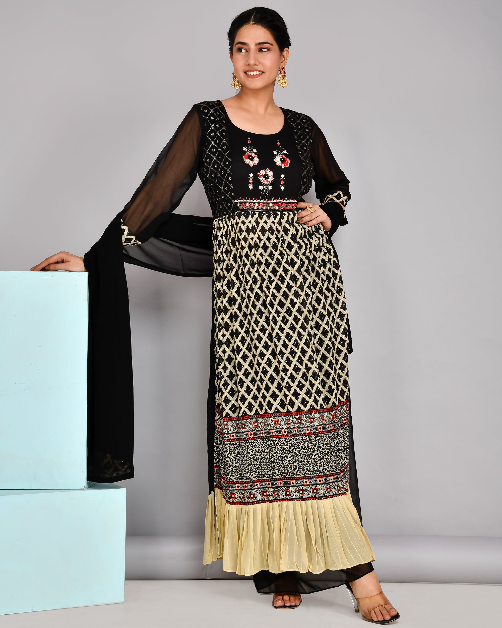 Black and Beige Georgette Nyra Set - The Jaipur Studio