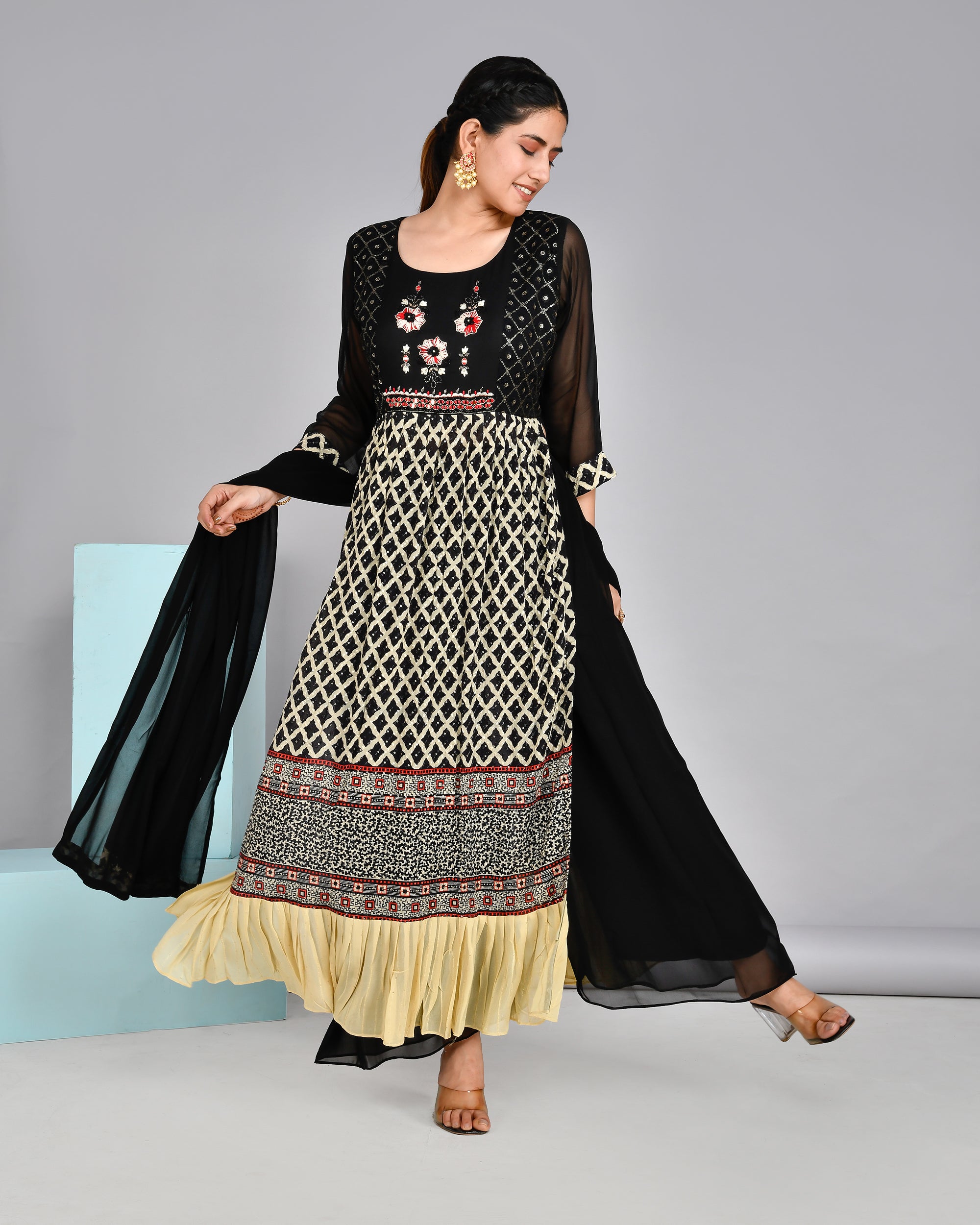 Black and Beige Georgette Nyra Set - The Jaipur Studio