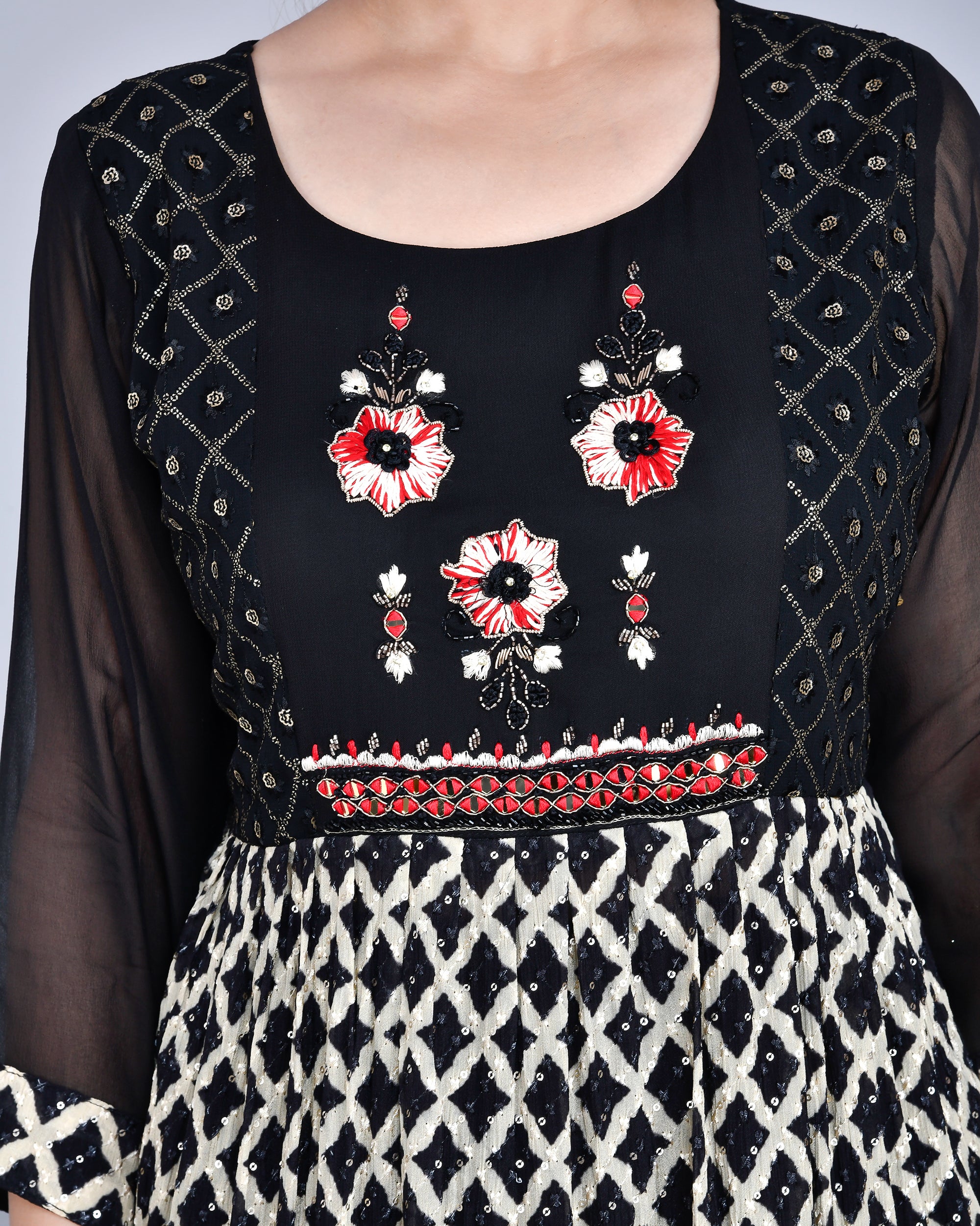 Black and Beige Georgette Nyra Set - The Jaipur Studio