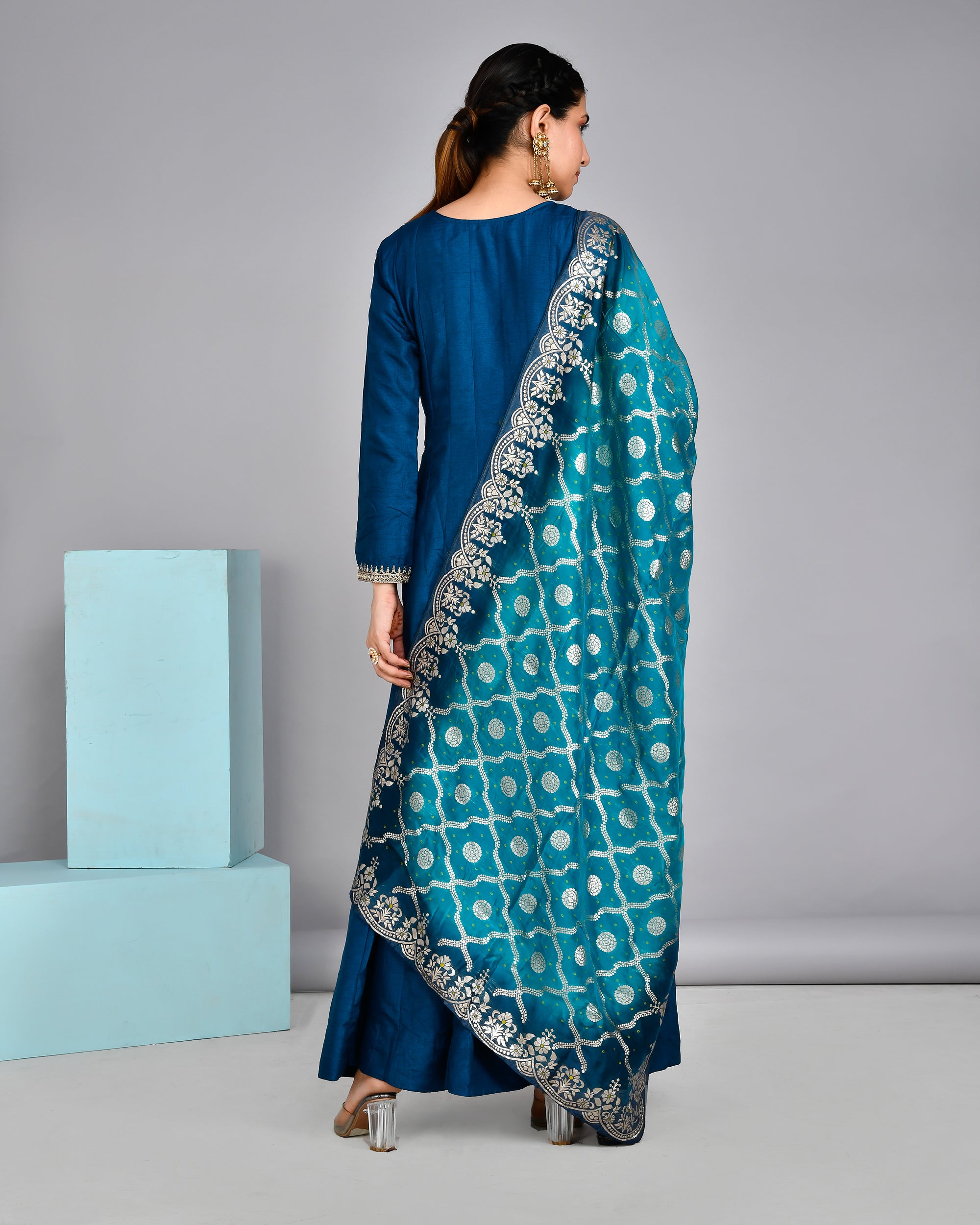 Festive Special Silk Embroidered Long Gown With Banarasi Dupatta - The Jaipur Studio