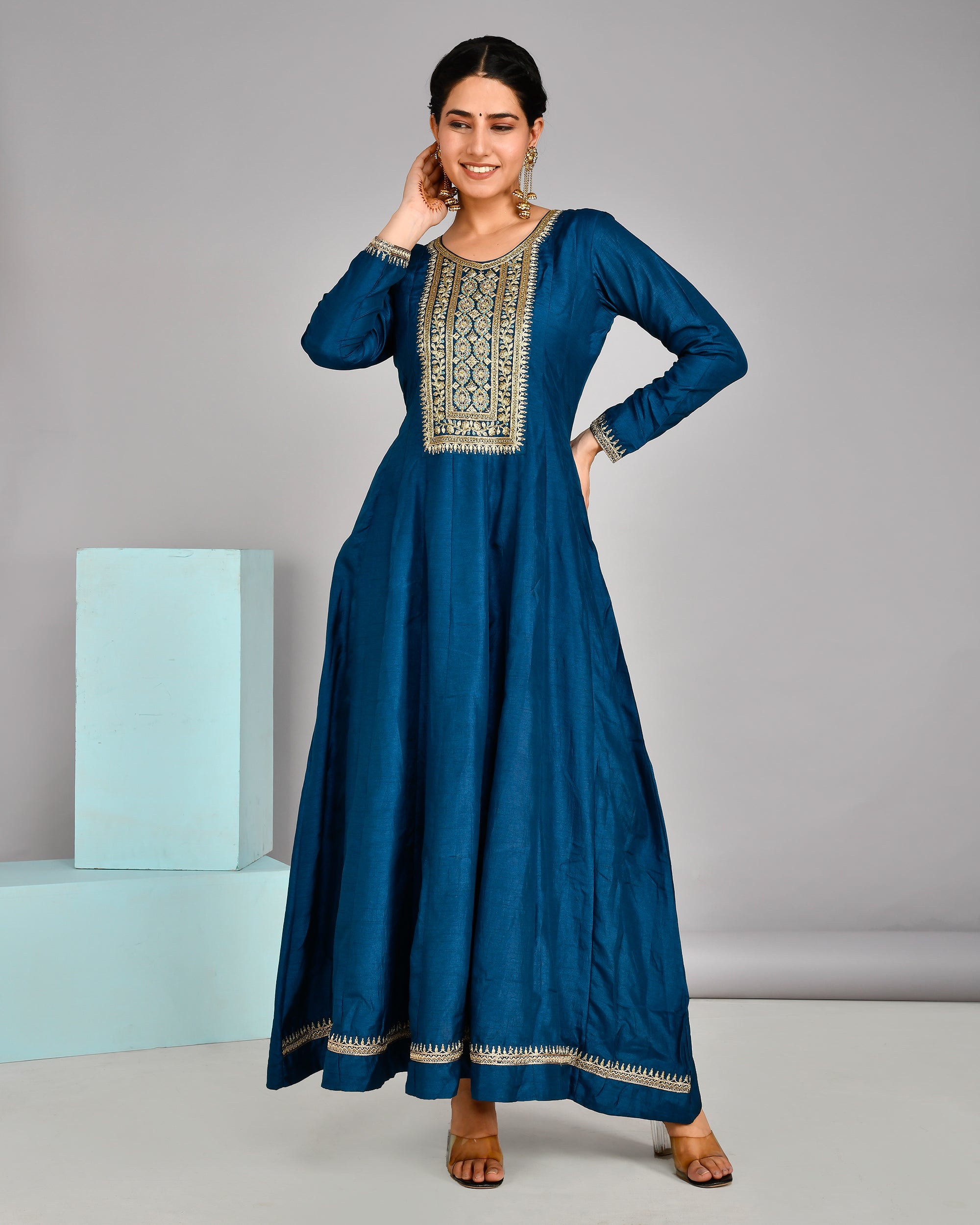 Festive Special Silk Embroidered Long Gown With Banarasi Dupatta - The Jaipur Studio