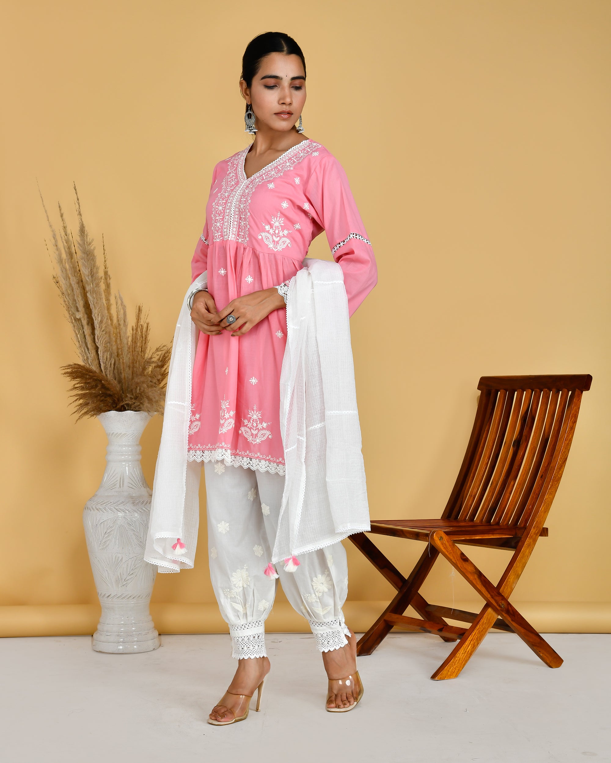 Cotton Embroidered Peplum Kurta Afgani Set - The Jaipur Studio