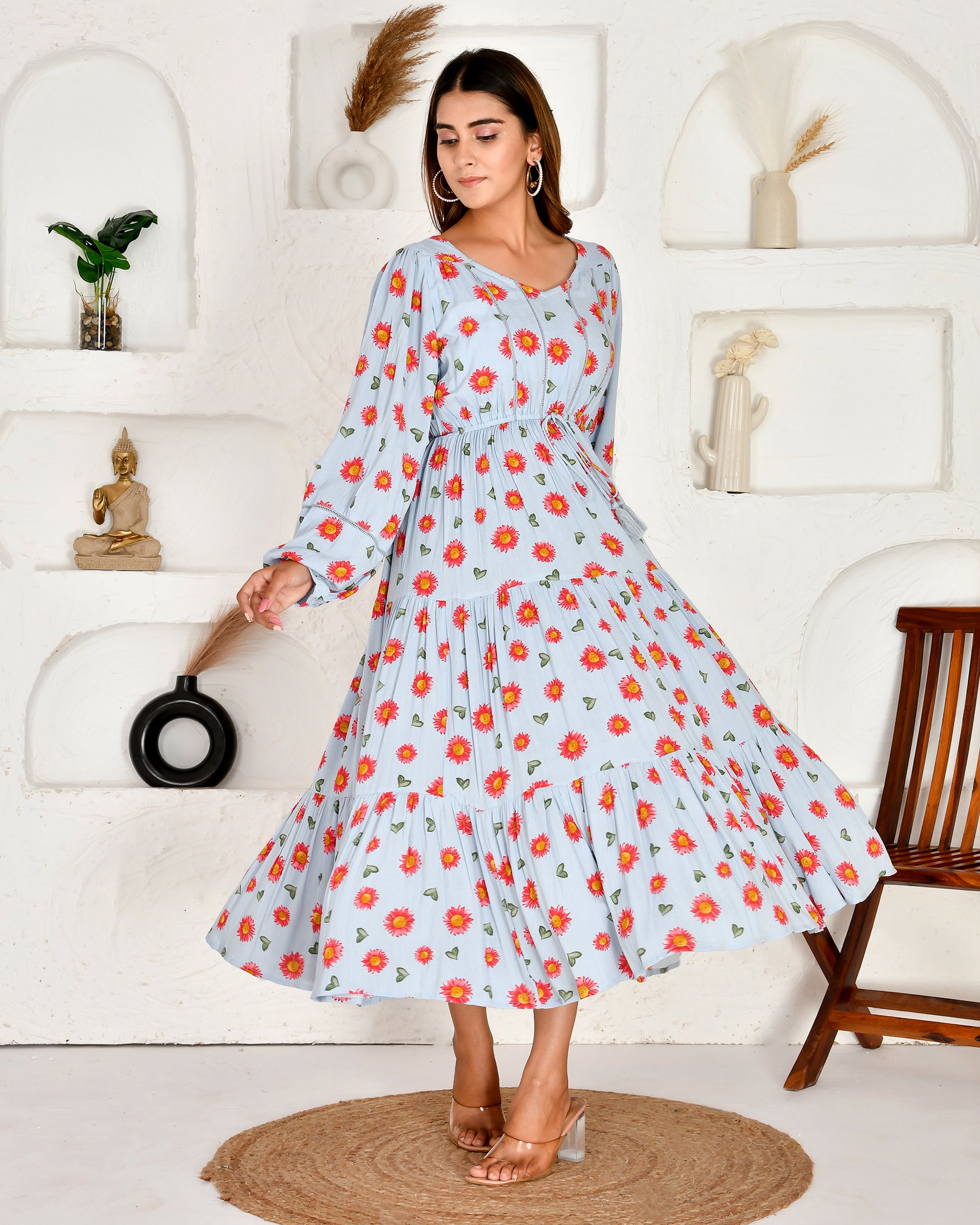 Amara Floral Rayon Long Dress - The Jaipur Studio