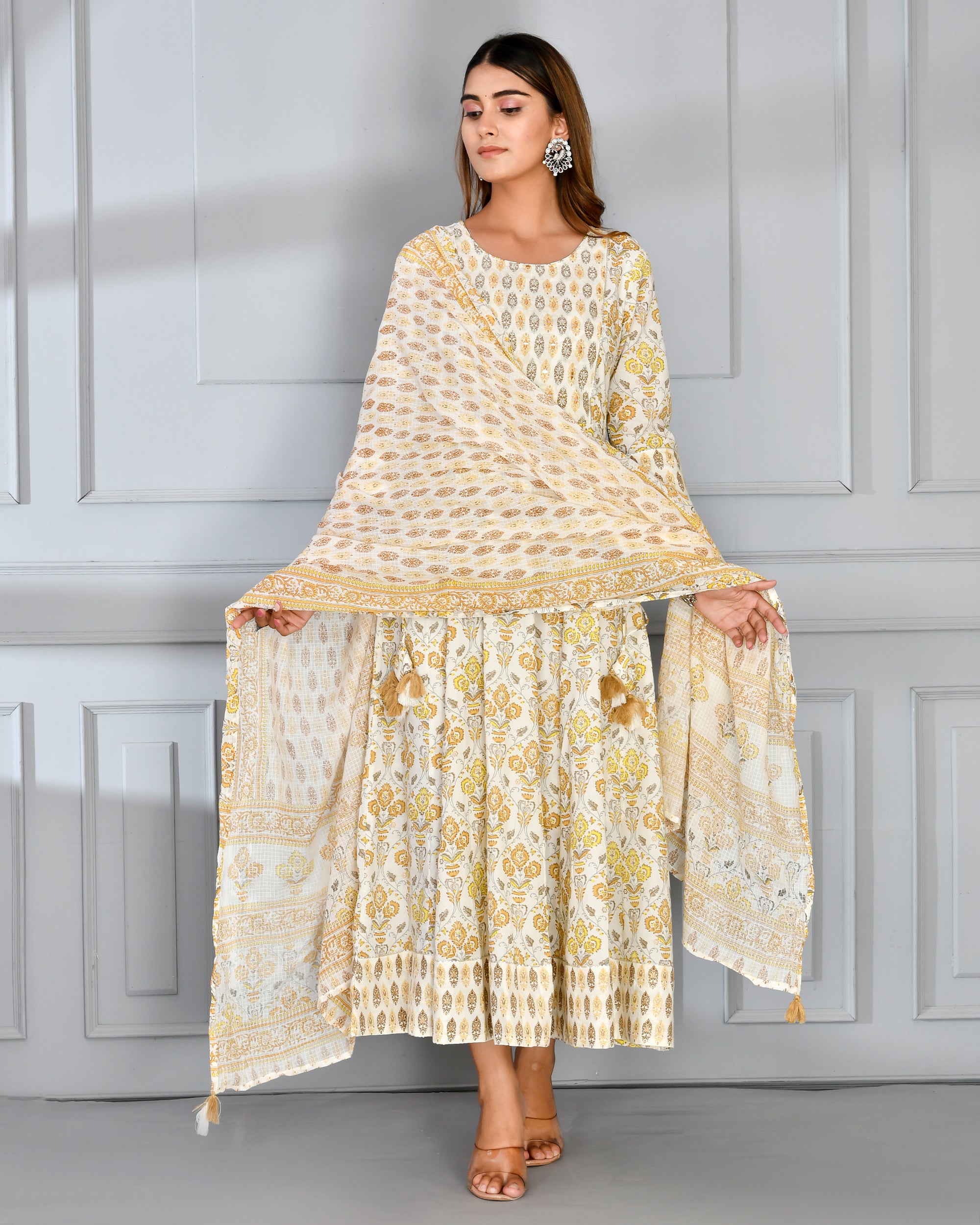 Cotton Anarkali Dress with Embroidery along Dupatta Yellow - The Jaipur Studio