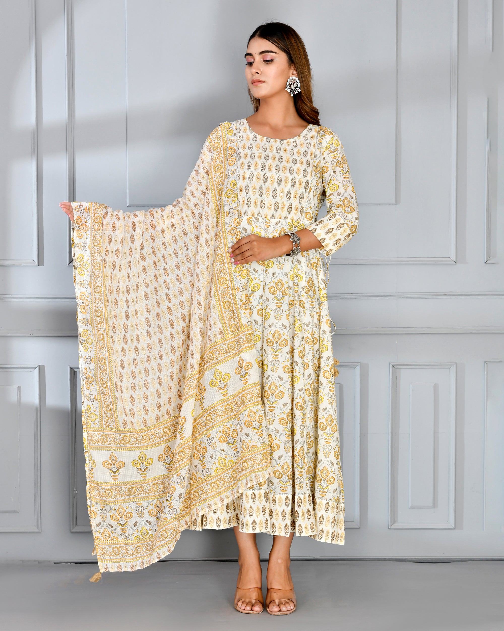 Cotton Anarkali Dress with Embroidery along Dupatta Yellow - The Jaipur Studio
