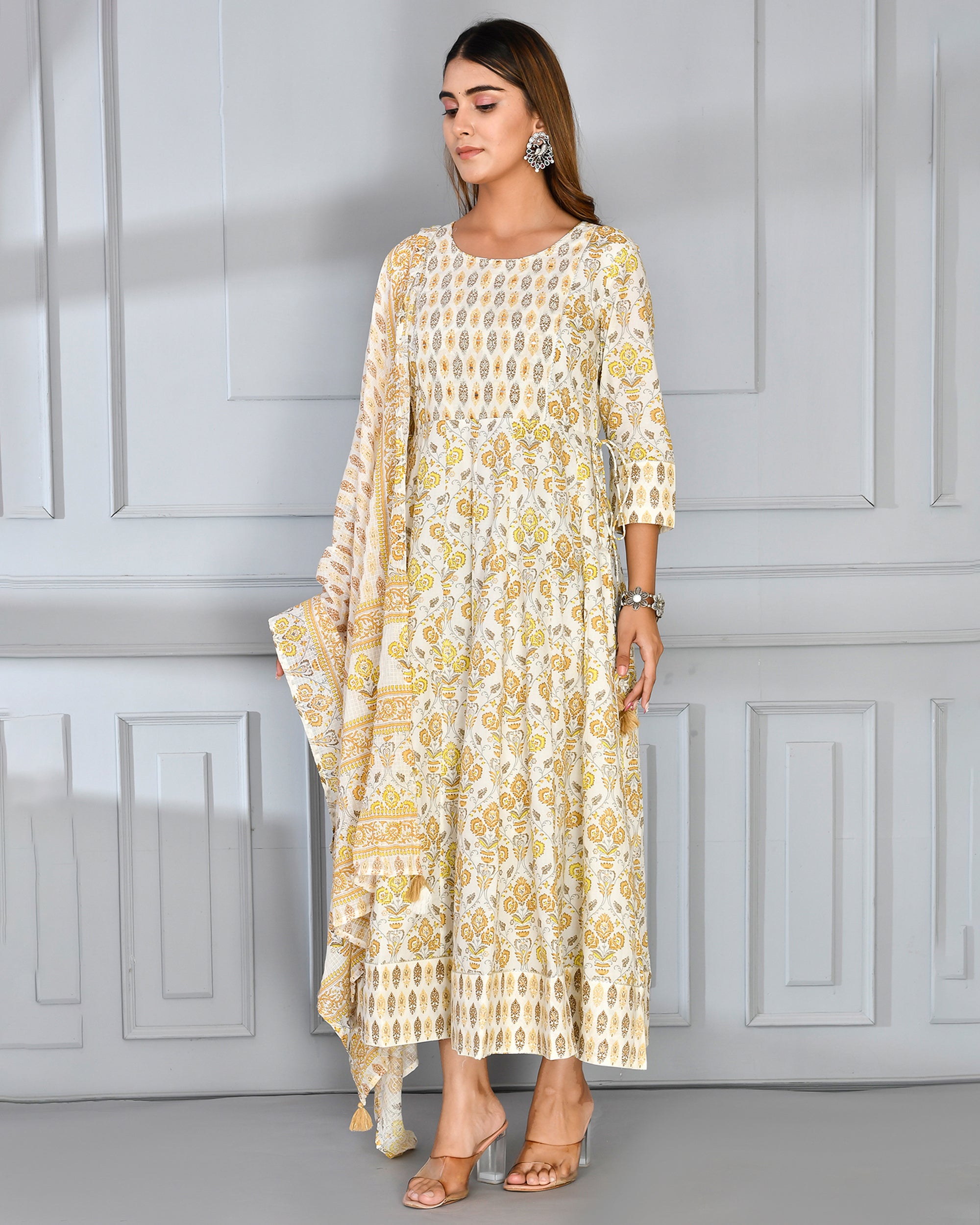 Cotton Anarkali Dress with Embroidery along Dupatta Yellow - The Jaipur Studio