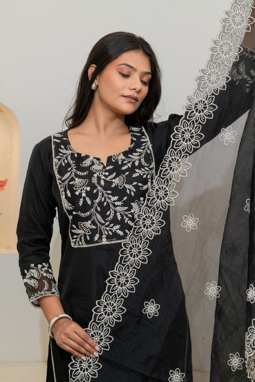 'Kajal' Kota Doria Embroidered Pant Set - The Jaipur Studio