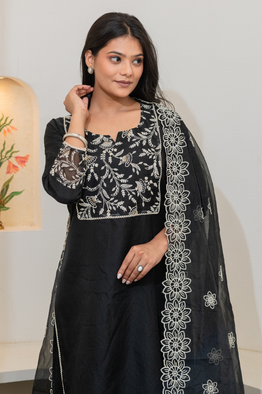 'Kajal' Kota Doria Embroidered Pant Set - The Jaipur Studio