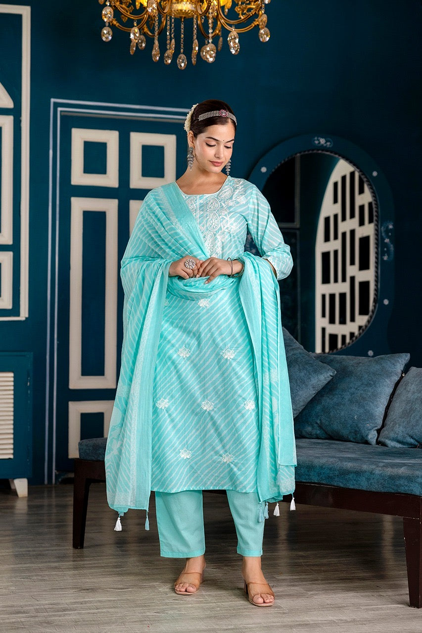 Premium Cotton Leheriya Embroidered Pant Set - The Jaipur Studio