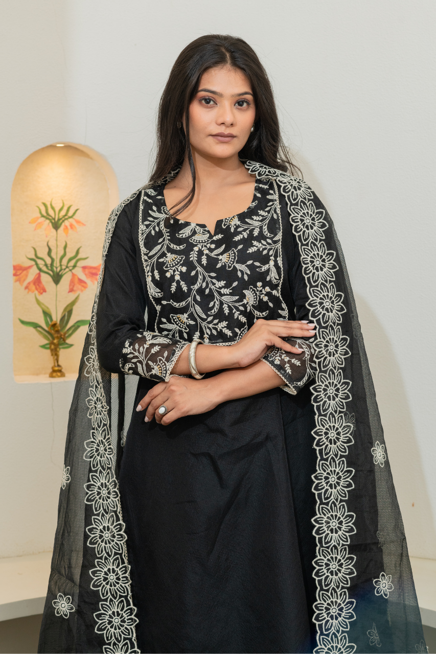 'Kajal' Kota Doria Embroidered Pant Set - The Jaipur Studio