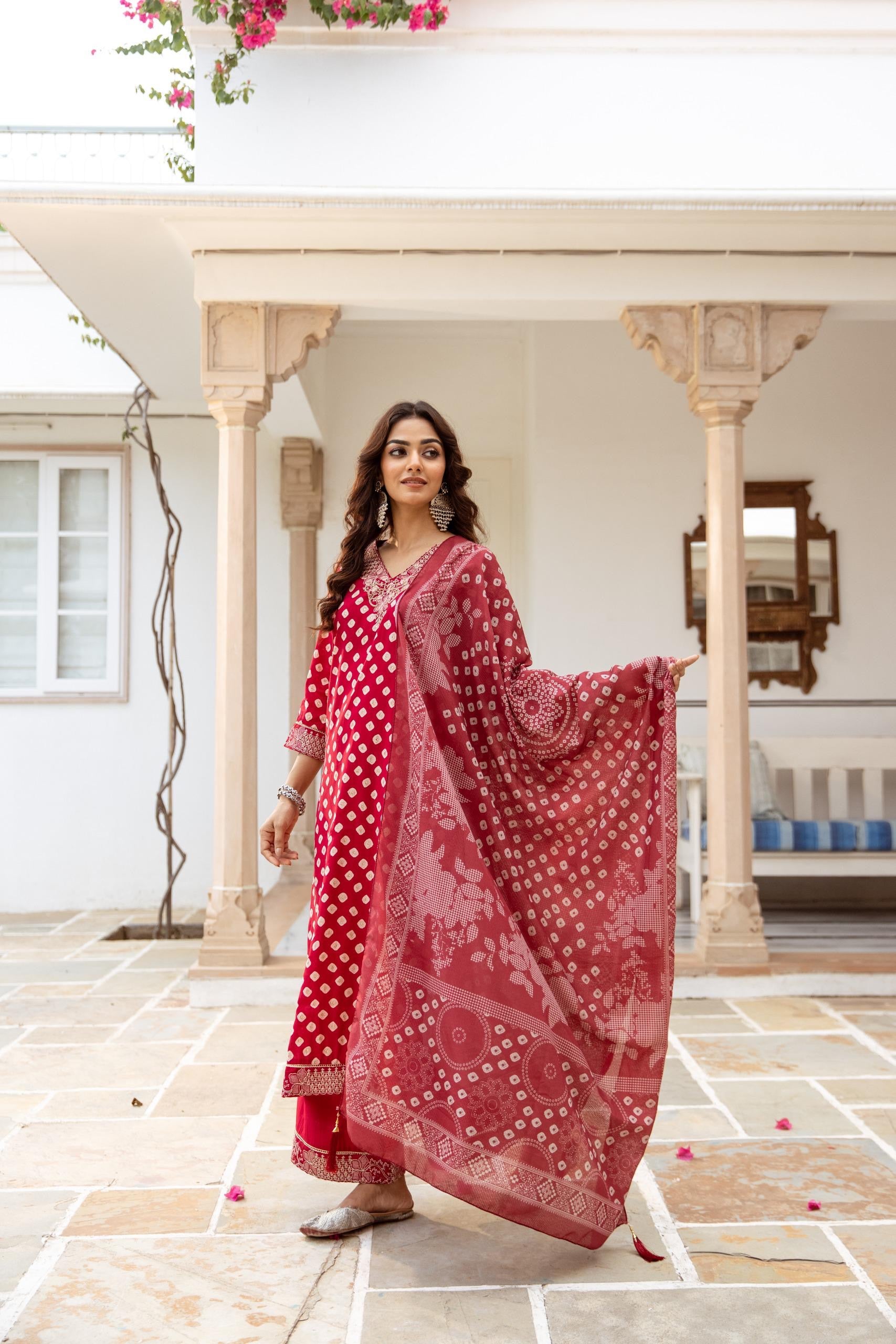 Miraya Muslin Bandhani embroidered Pant Set - The Jaipur Studio
