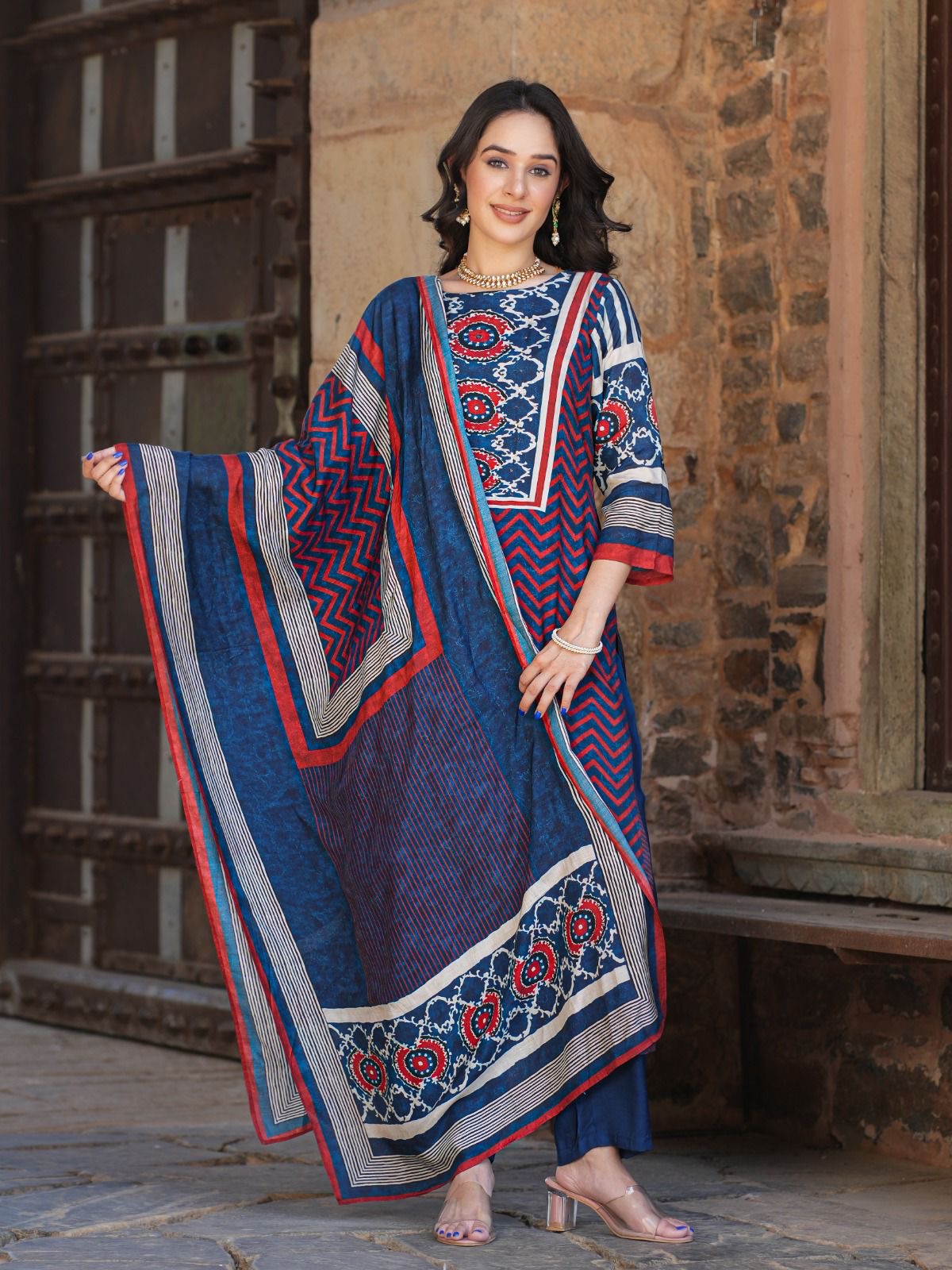 Muslin Batik Print Strips Embrodiered Pant Set - The Jaipur Studio